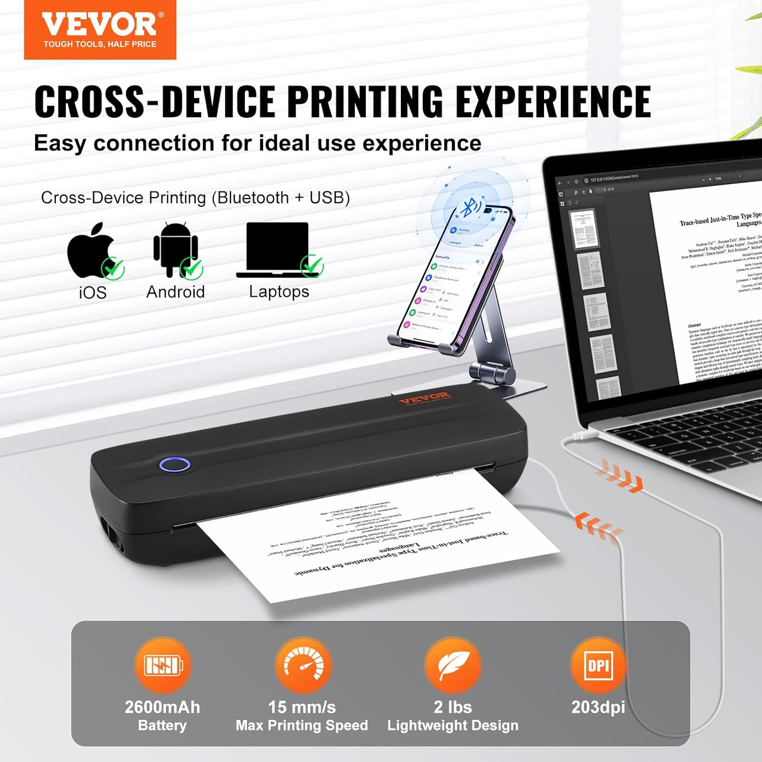 VEVOR Portable Printer - 2600mAh Battery, 203 DPI, Bluetooth Inkless Mobile Printer for A4, A5 & 8.5