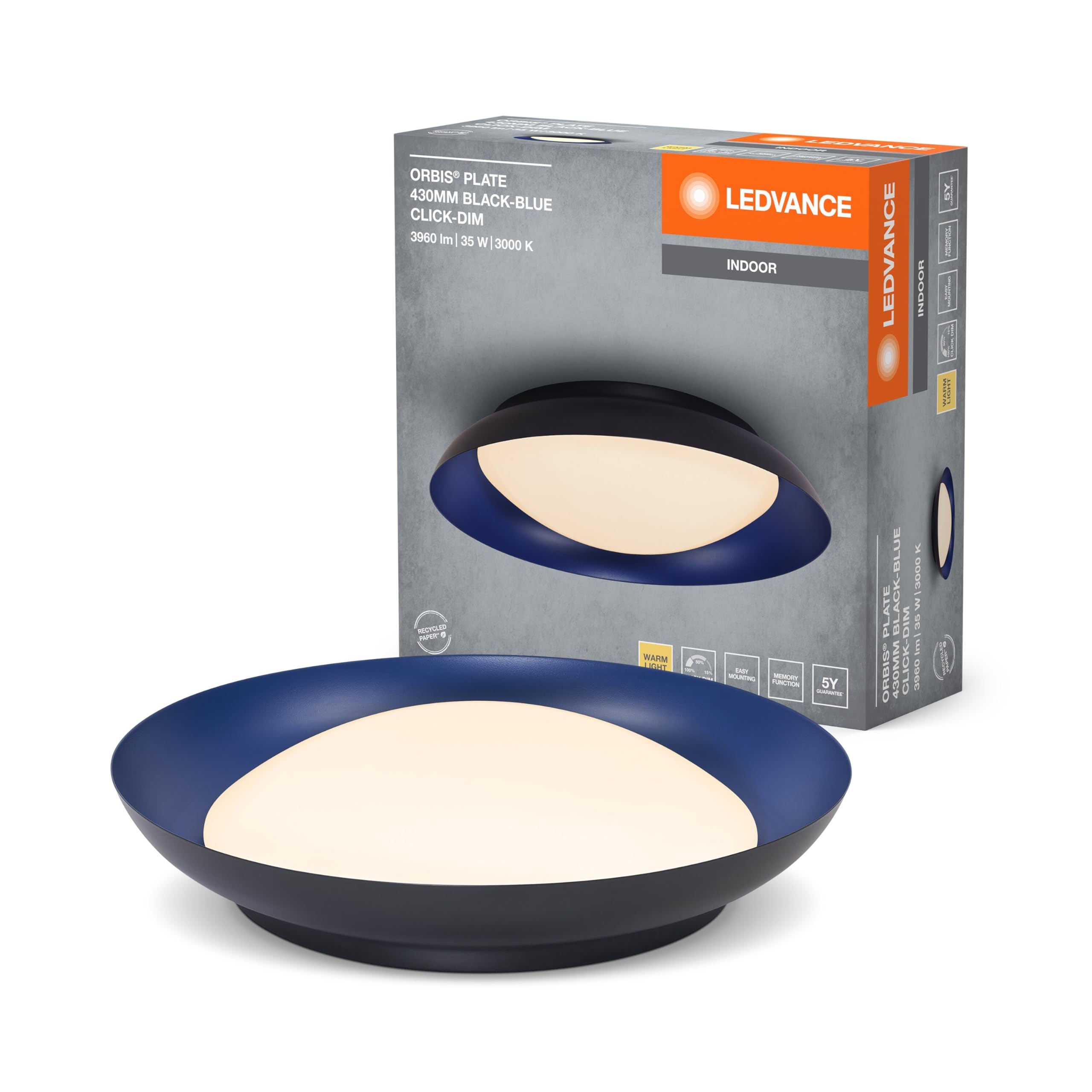 LEDVANCE Orbis LED Plate, Deckenleuchte, Schwarz-Blue, 35W, 1700lm, 3000K, 430mm, 830 Freundliches Warmweiß, durch Kicken in 3-Stufen dimmbar, IP20 Schutz, Montageschrauben und Dübel inklusive