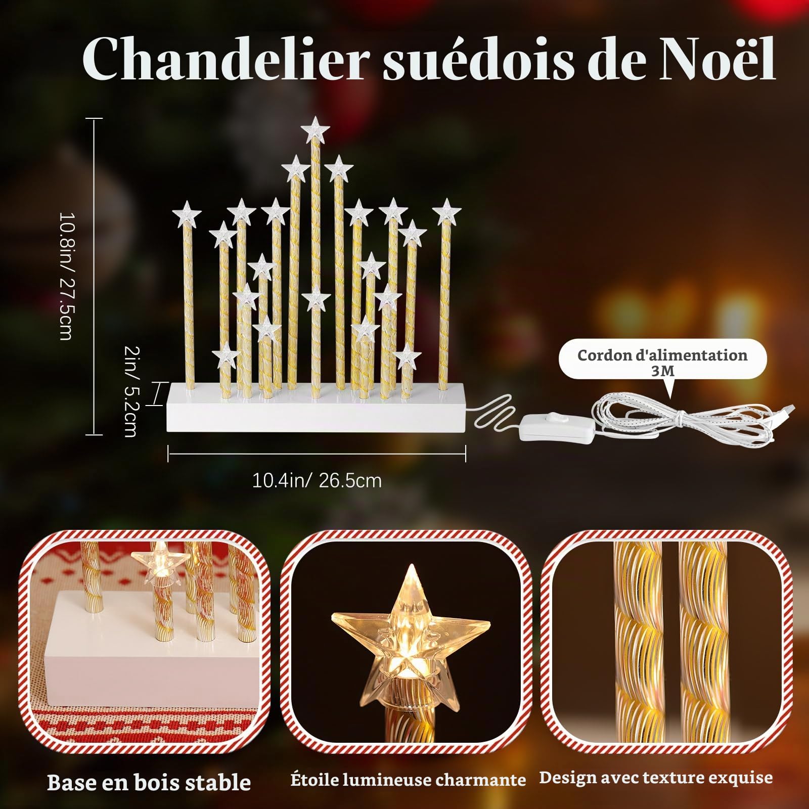 Lewondr Chandelier Suédois de Noël, Bougies sans Flamme Etoilées avec 20 LED Bougies Electriques, Bougies de Fenêtre de Noël Alimentées par USB pour la Décoration de Noël, Cadeau de Mariage, Blanc