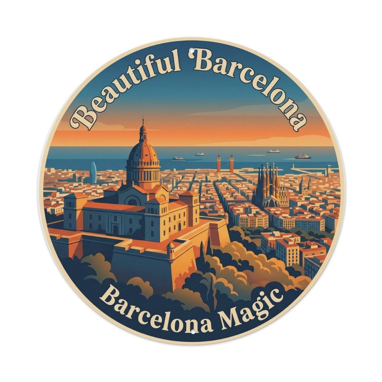 Vintage Barcelona Montjuic Hill Castle Spanish Culture Metal Tin Sign Plaque Wall Decor for Cafe, Man Cave, Club Bar, Office, Home Garden Round Metal Poster 8x8Inch