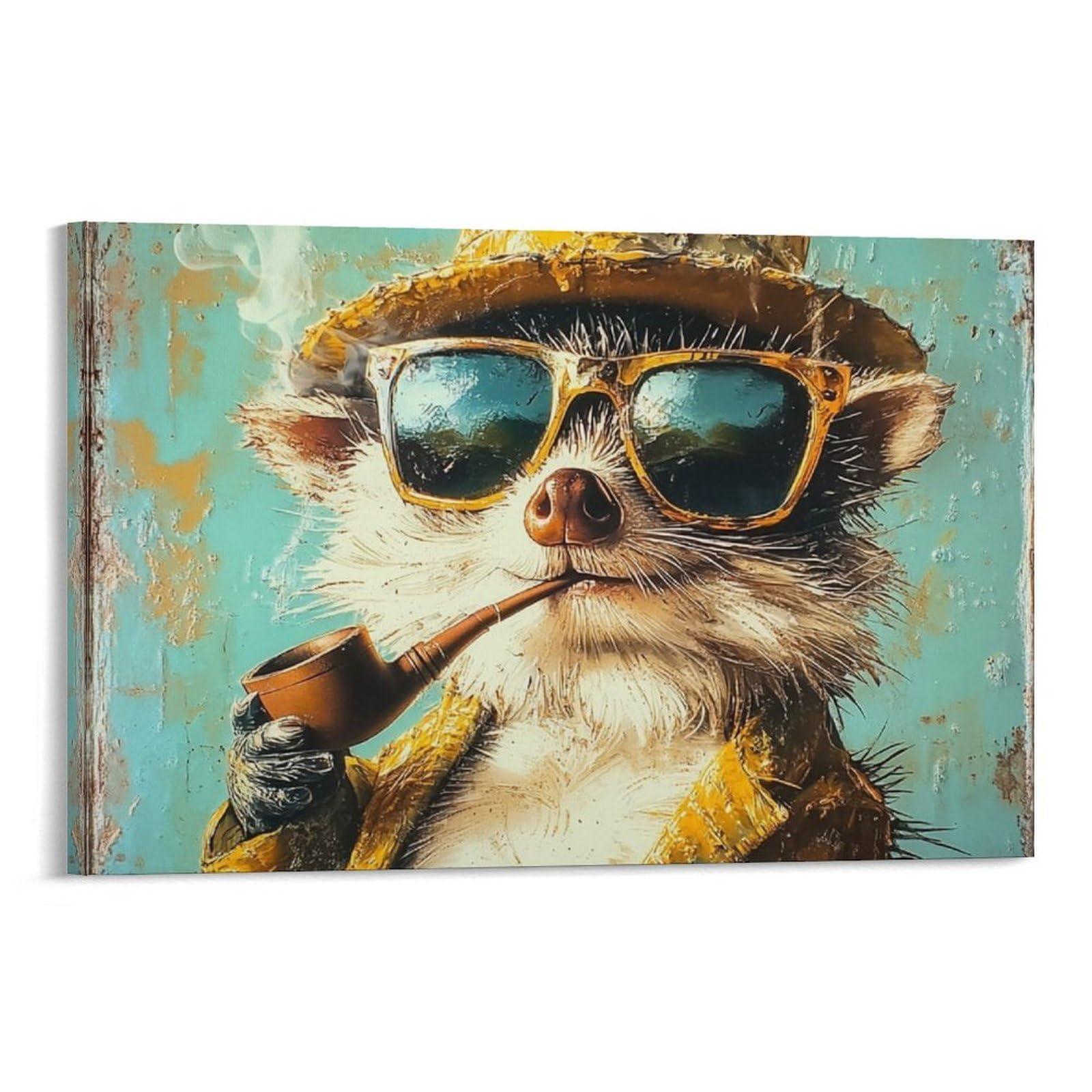 CPLVKWRQJ Bright Magical Colorful 1 Piece Stylish Meerkat with Hat And Pipe Framed Canvas Print - Living Room Focal Point Fade Resistant Ready to Hang Wall Art 20x30inch(50x75cm)