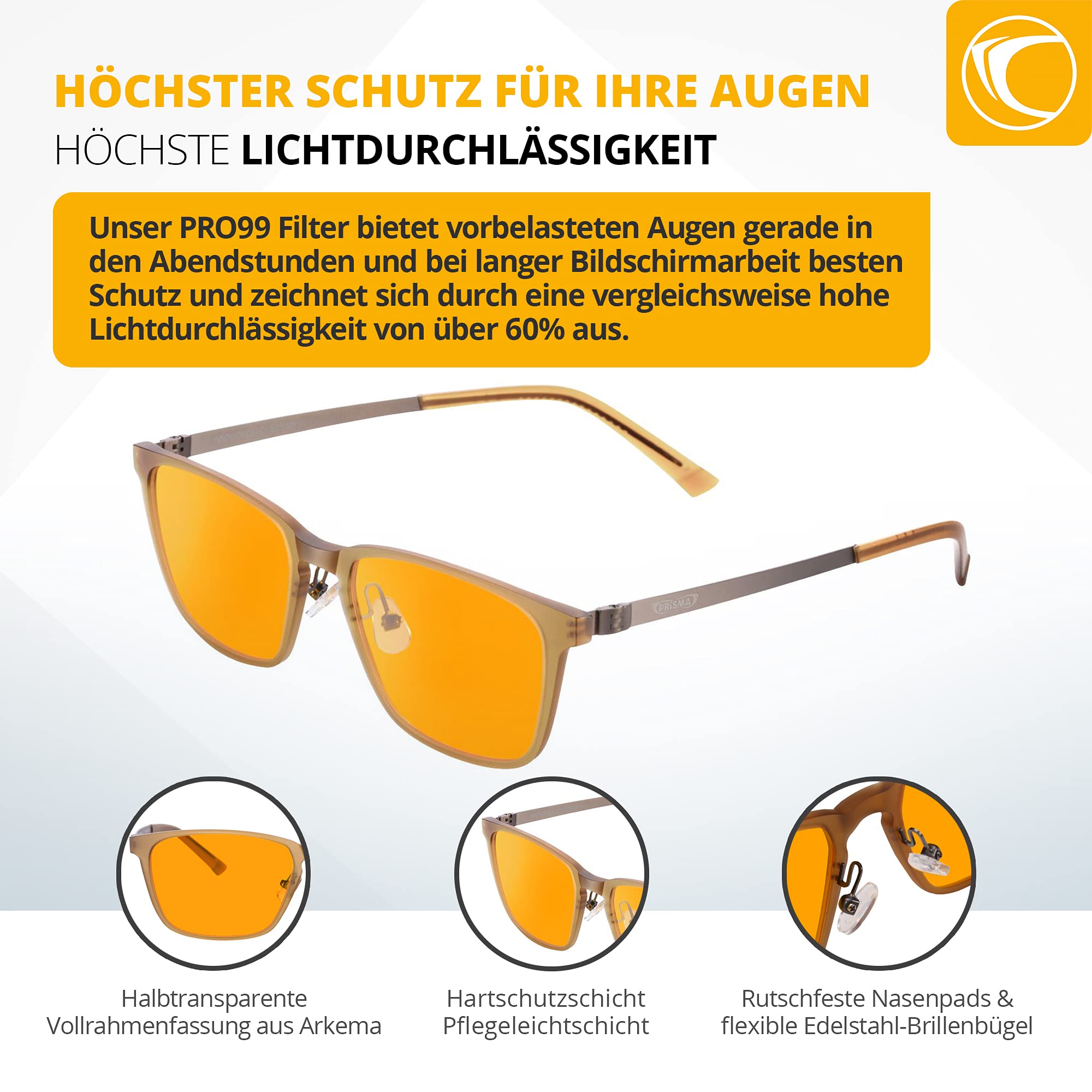 PRiSMA FRANKFURT PRO99 Blaulichtfilter-Brille FF709, Brille mit Blaufilter, Bildschirmbrille für Damen und Herren