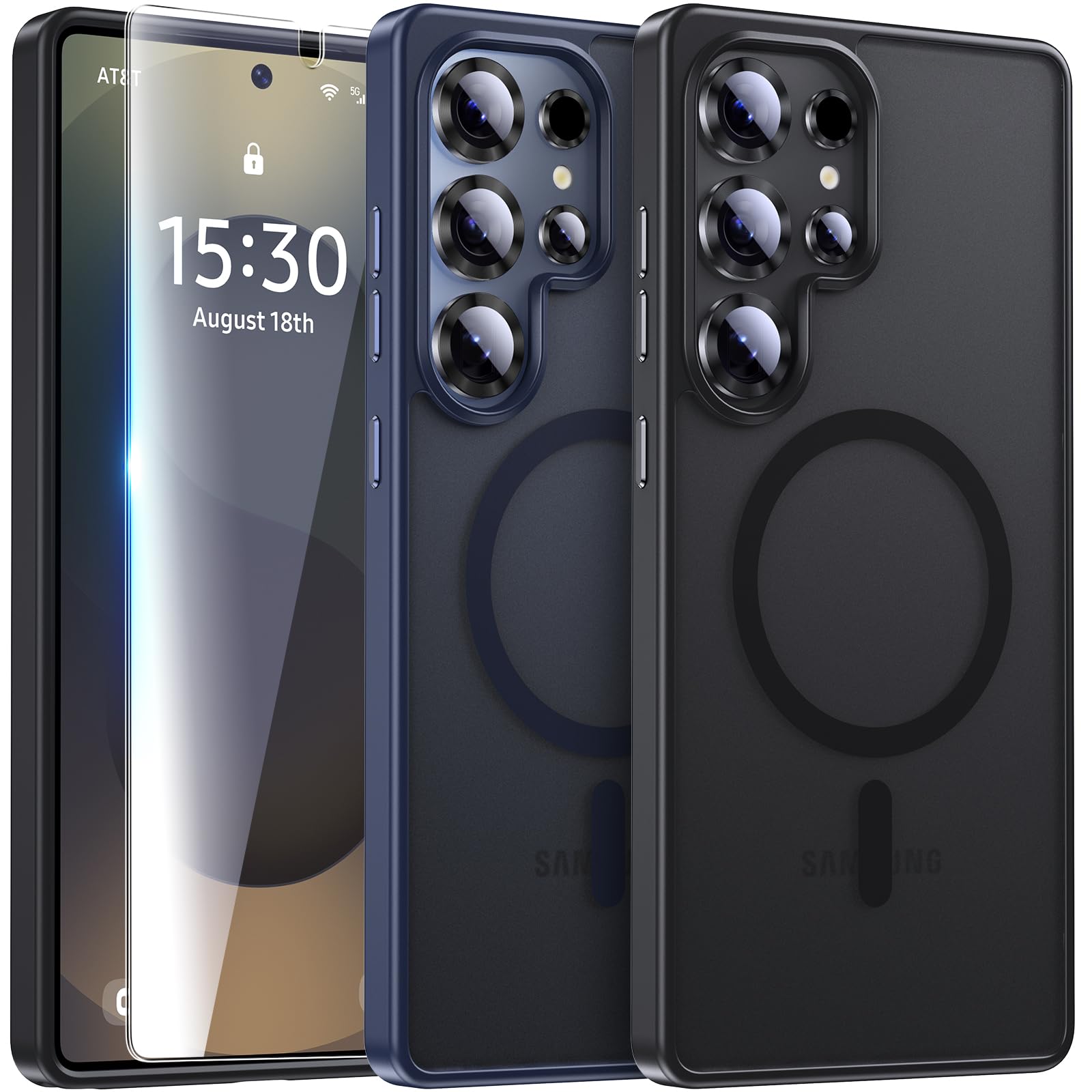 UniqueMe für Samsung Galaxy S25 Ultra Hülle - Handyhülle für Samsung Galaxy S25 Ultra Case,Set Rundumschutz Schutzhülle Cover,1 Handyhülle & 2 Schutzfolie - Matt Schwarz