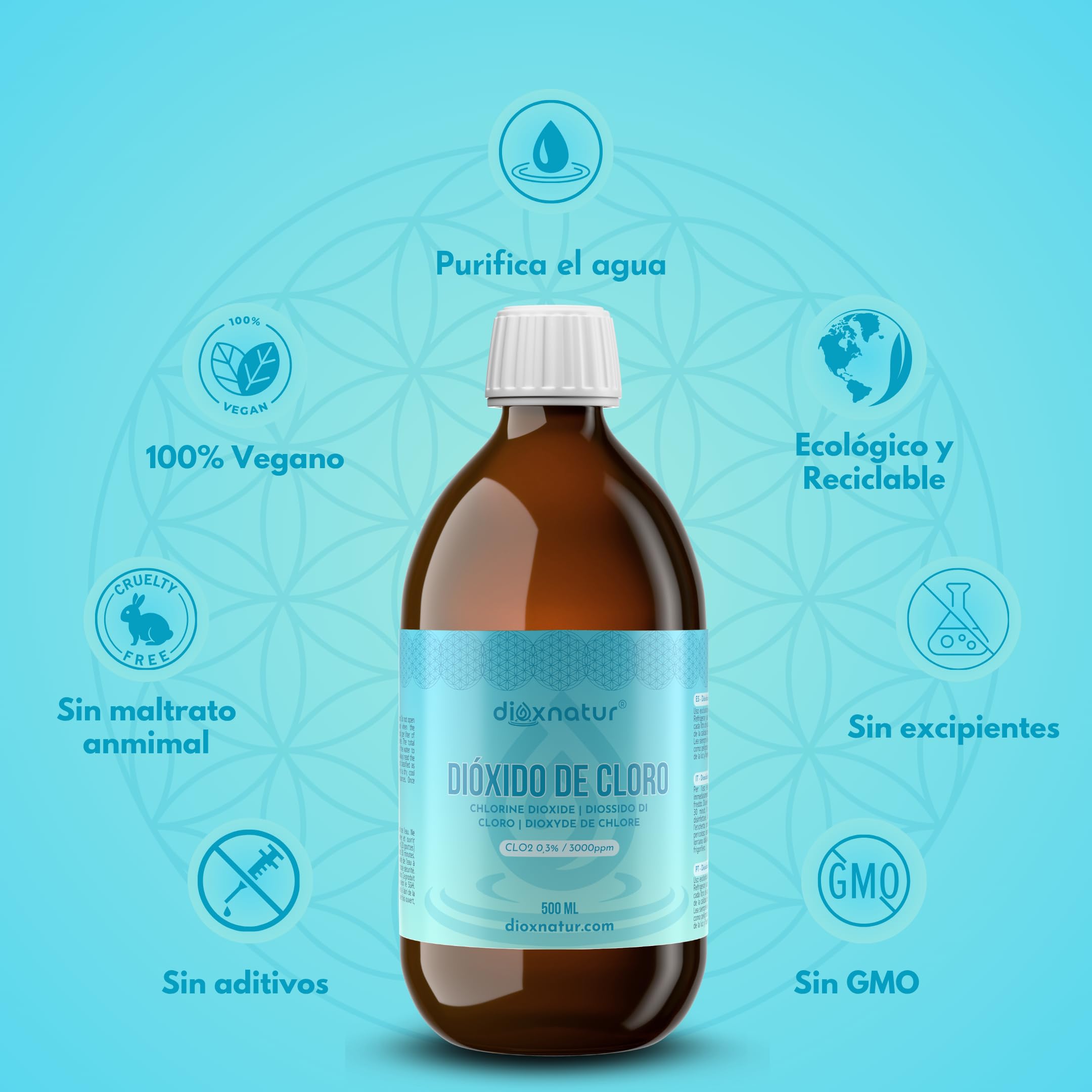 Dióxido de Cloro 500 ml 3000 ppm tamaño Ahorro CDS Fabricado y registrado en España Botella de Vidrio ámbar. Incluye Jeringa 10ml