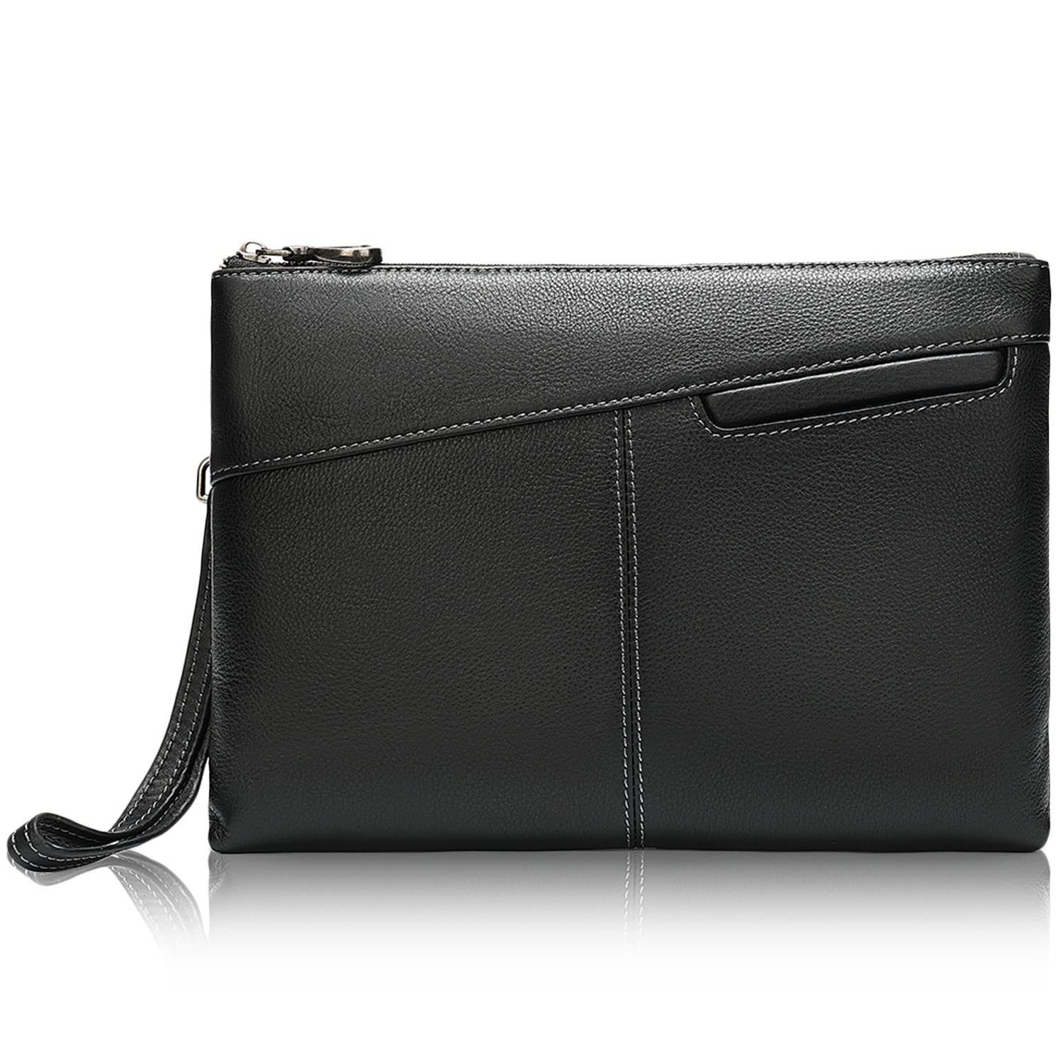 Bolsa de Mano para Hombres en Cuero de Grano Calidad, Formal Bolsa Business con Correa de Mano, Cartera de Mano para Teléfono Móvil y Tableta de Hasta 9,7 Pulgadas, Bolso Clutch de Hombre