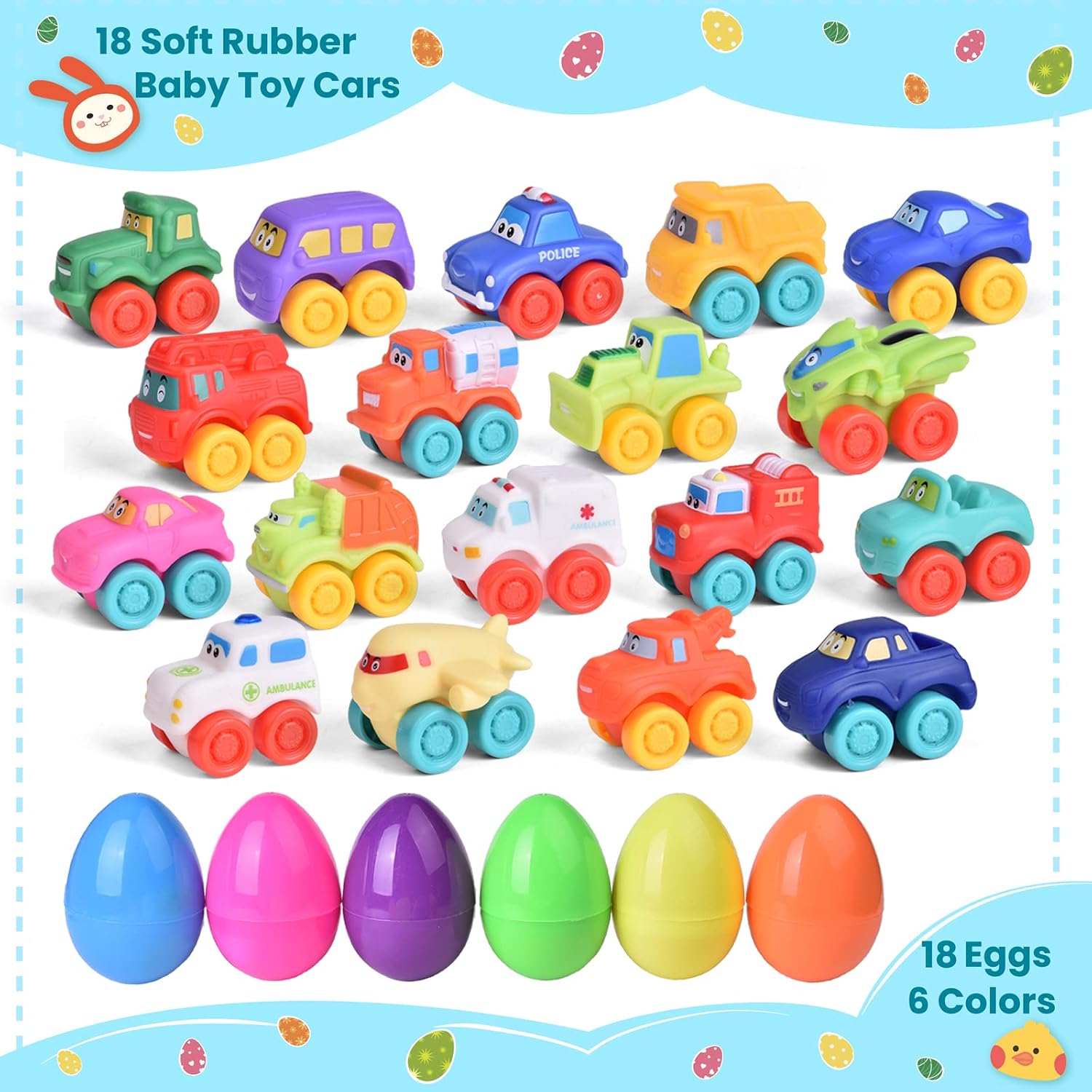 FUN LITTLE TOYS 18Packs Easter Eggs Prefilled with Soft Rubber Baby Toy Cars, Bath Toys Vehicles for Toddlers, Easter Party Favors, Easter Basket Stuffers, Goodie Bags Fillers, Easter Egg Fillers