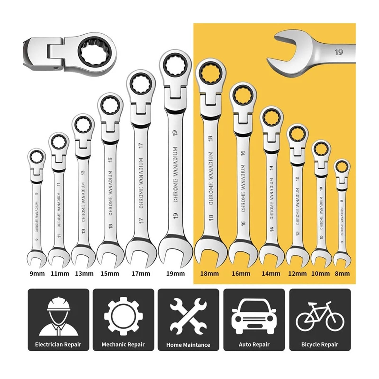 Set di chiavi a cricchetto con testa flessibile, kit di chiavi combinate, set di chiavi a cricchetto for utensili manuali in acciaio al cromo vanadio (Color : 10pcs(8-22mm))