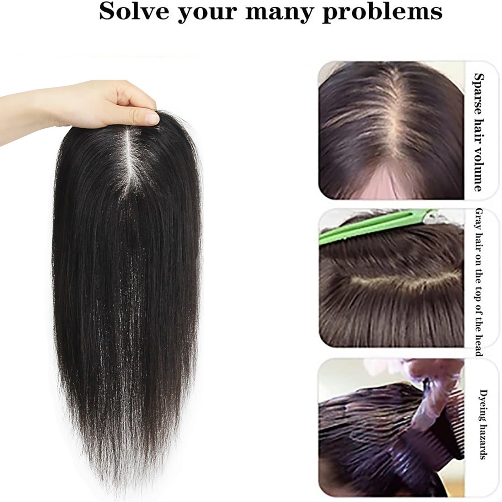 100 % Echthaar-Topper for Frauen 10/12 Zoll Schwarzes Toupet 13 X 15 Cm Langes Clip-In-Haarteil Auf Seidenbasis Mittelteil-Haarverlängerungen Bei Haarausfall/dünnem Haar/grauem Haar ( Size : 12 inch )