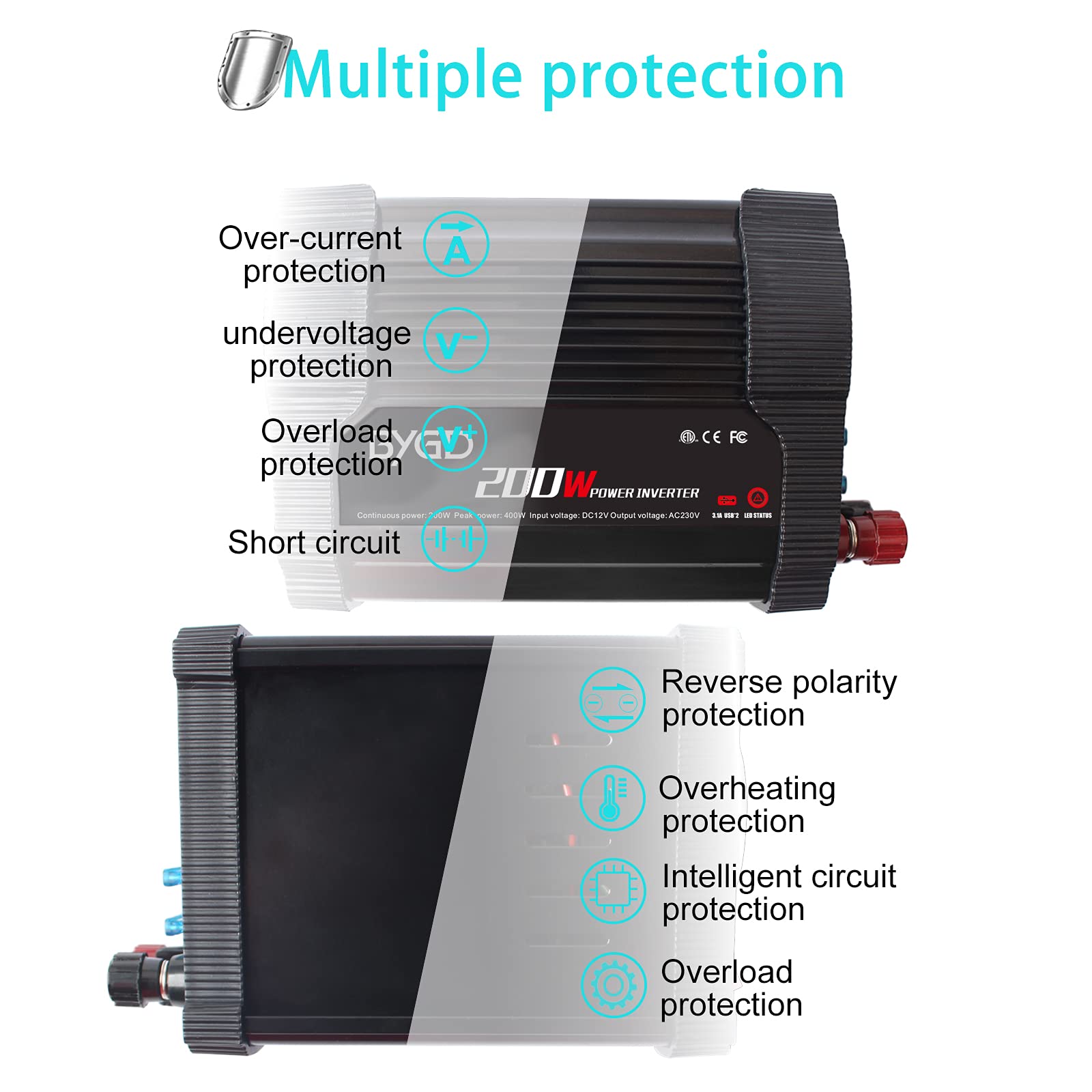 200W Inverter 12v 230V Onda Pura,Invertitore Corrente per Veicoli con Accendisigari e Clip Batteria,di Corrente con 2 Porte USB, per Automobile, Auto Camper e Computer-Nera
