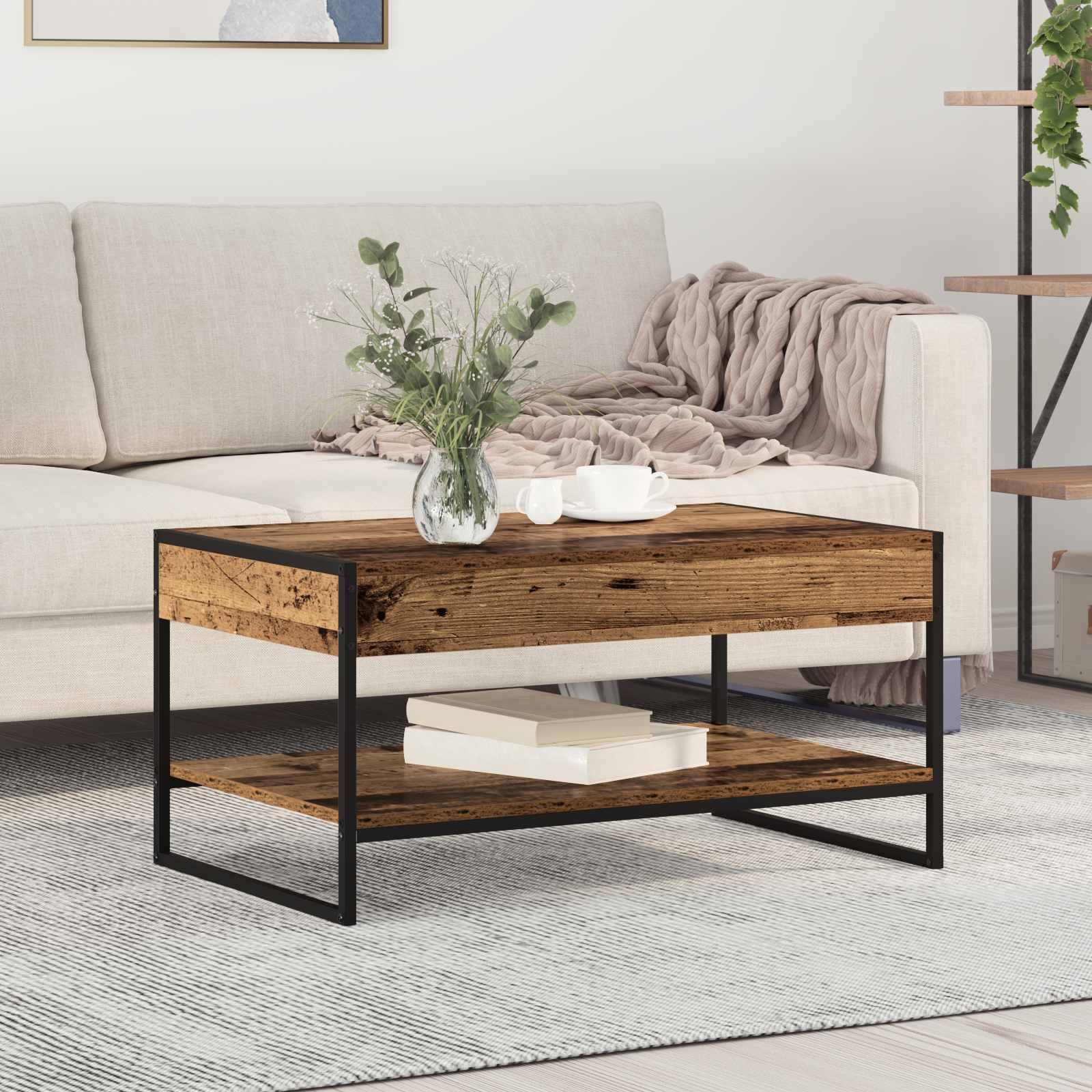 Table basse en bois vieilli pour vos apéritifs, grand plateau rectangulaire 80cm