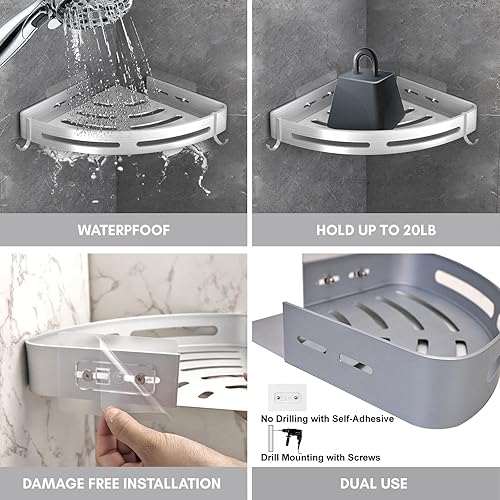 Miniatura 6 de Fixwal Organizador de ducha, organizador de ducha de esquina de baño, estantes de ducha plateados con 4 ganchos, soporte de pared sin perforación,