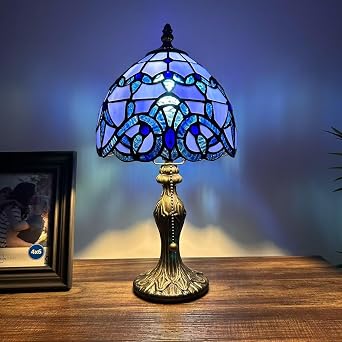 Stained Glass Mini Table Lamp Blue Baroque Style LED Bulb Included for Living Room Bedroom Bedside 8" W*8" D*15" H