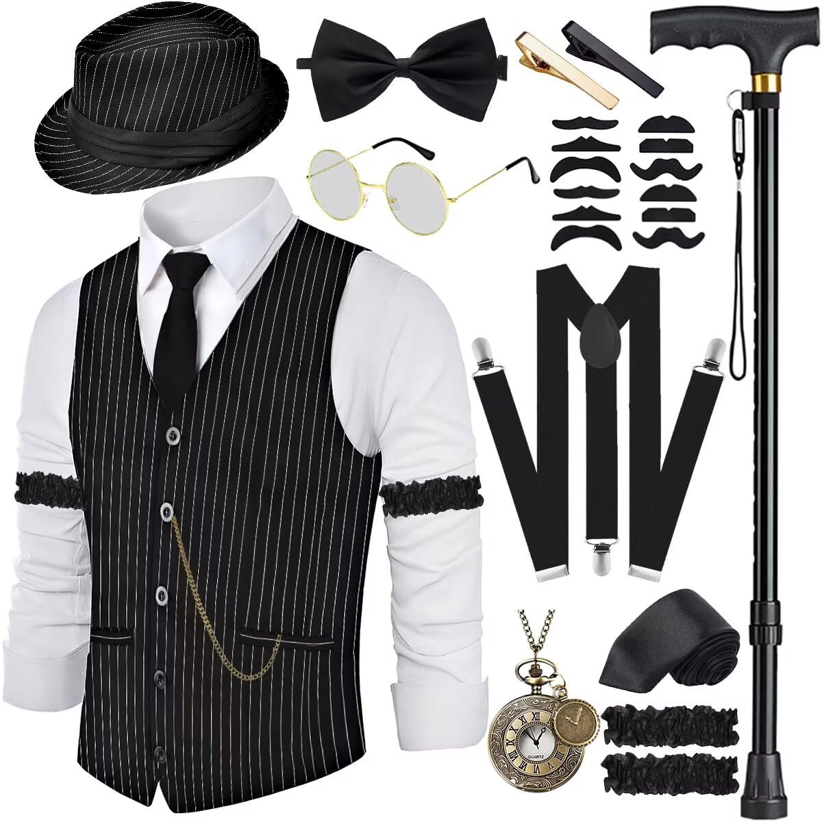 VillbeCoser 1920s Mens Costume Roaring 20s Costumes Accessories Set 1920s Vest Suspenders Hat Pocket Watch Tie (StreakBlack-2XL)