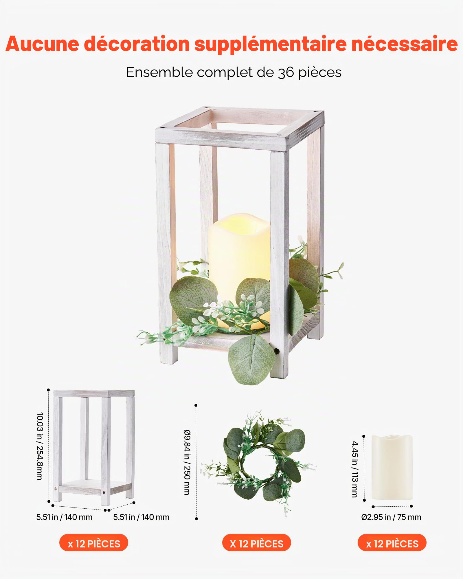 VEVOR Lanterne de Mariage en Bois, Lot de 12, Lanterne Décorative avec Bougies LED sans Flamme, Couronnes de Fleurs Artificielles, pour Centre de Table de Mariage, Fête, Décoration Intérieur, Blanc