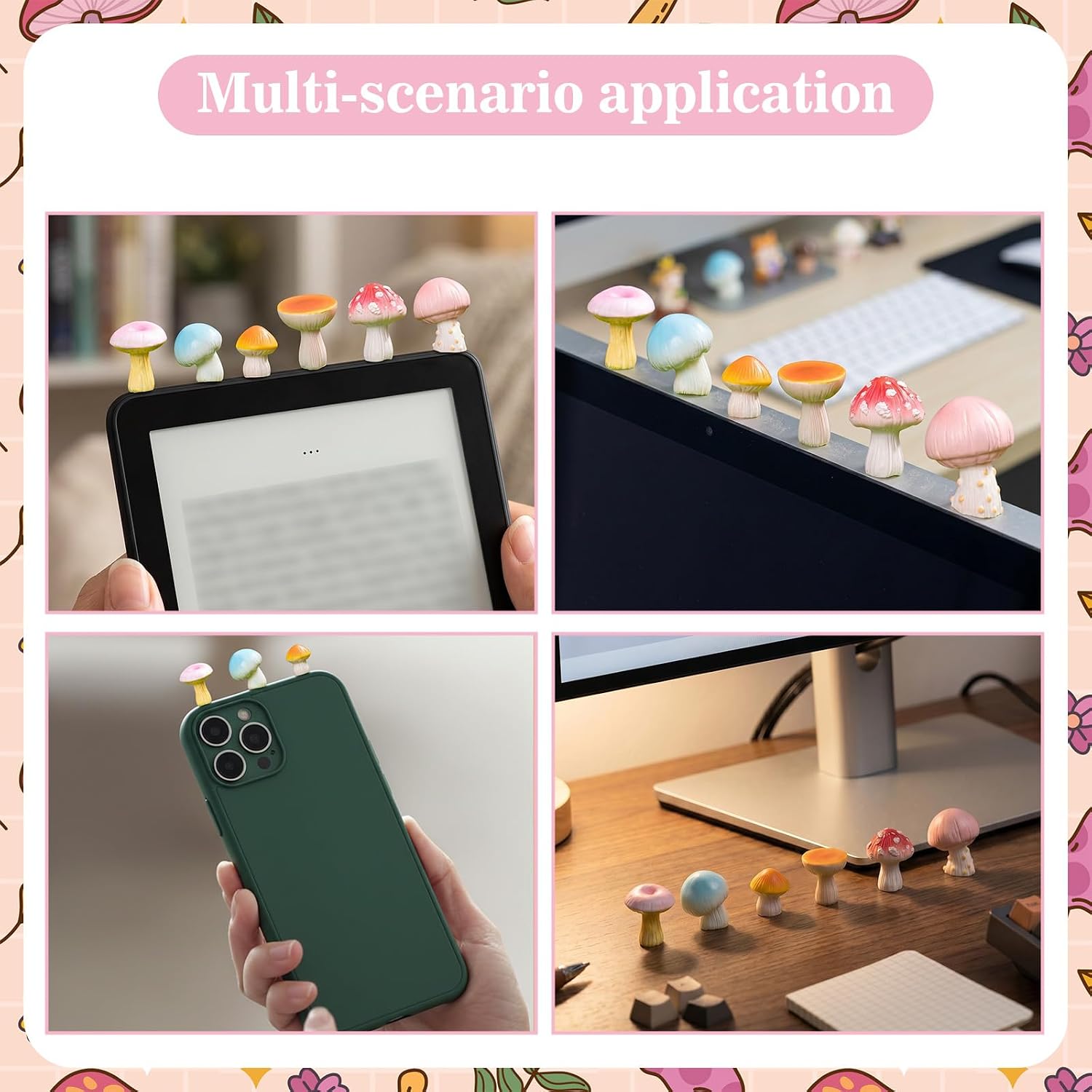 Cute Colorful Mushroom Phone Buddy - 6PCS Resin Mini Figurines, Adhesive Peel-and-Stick Decor for Kindle Cellphone Car Dashboard, Office Desk, Fun Tiny Critters Accessories