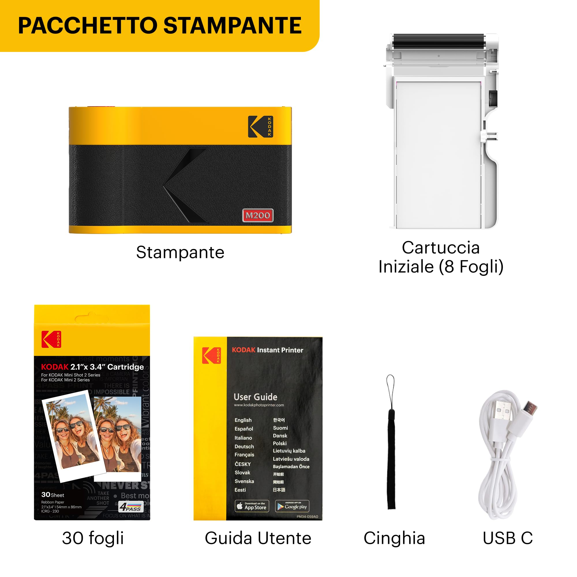 KODAK Mini 2 Era Regalo di Natale 4PASS Stampante Fotografica Portatile (5.3x8.6cm) (Stampante Fotografica Portatile + 8 Fogli inclusi + Pacchetto accessori e 30 Fogli, Giallo)