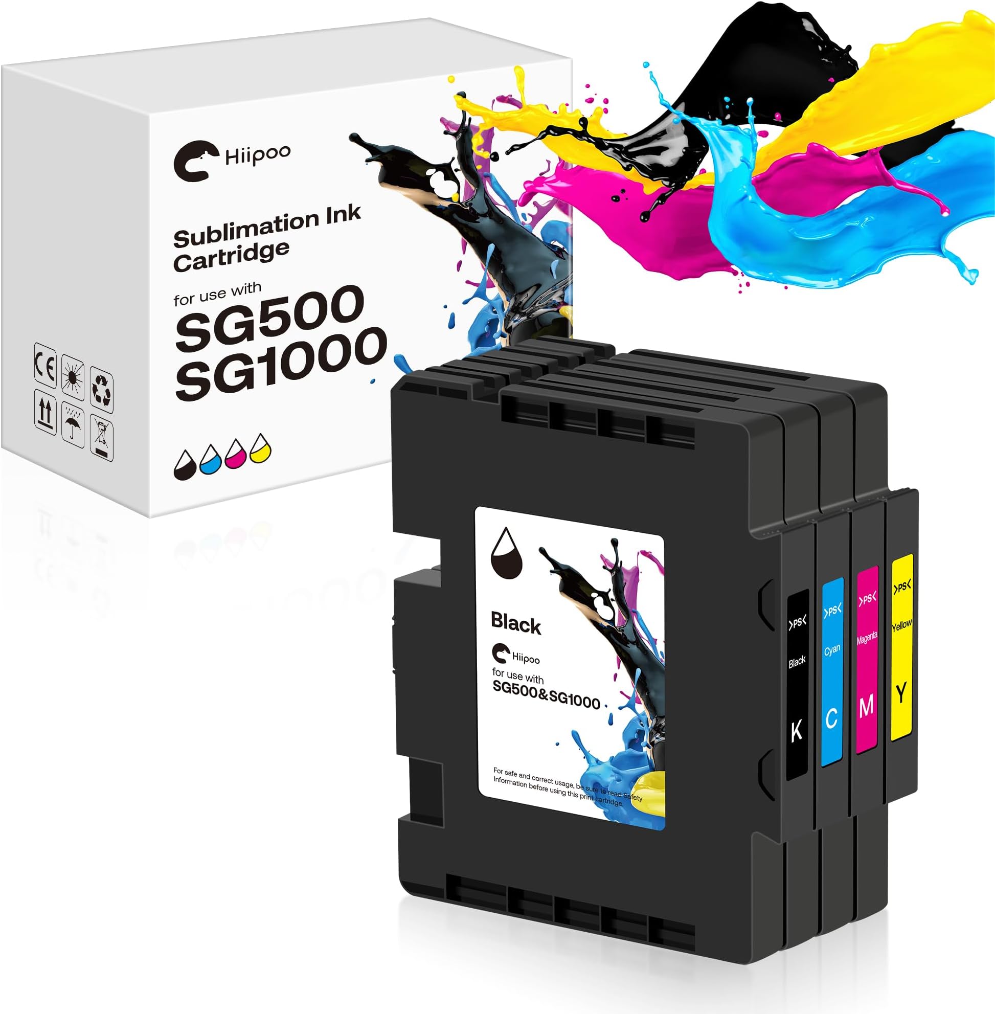 Hiipoo SG500 SG1000 Sublimation Ink Cartridge Compatible for Sawgrass Virtuoso SG500 SG1000 Printer, Latest Upgraded Chip No AB Serial Number(4-Pack, 1 Black, 1 Cyan, 1 Magenta, 1 Yellow)