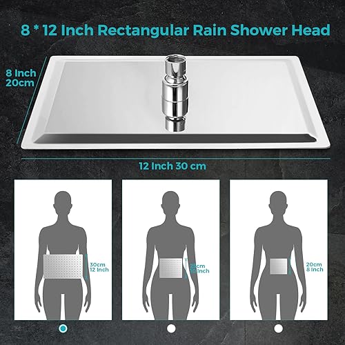 Miniatura 4 de Cabezal de ducha rectangular de 8 x 12 pulgadas, con rociador de mano, cabezal de ducha de lluvia de alta presión con barra deslizante, brazo de