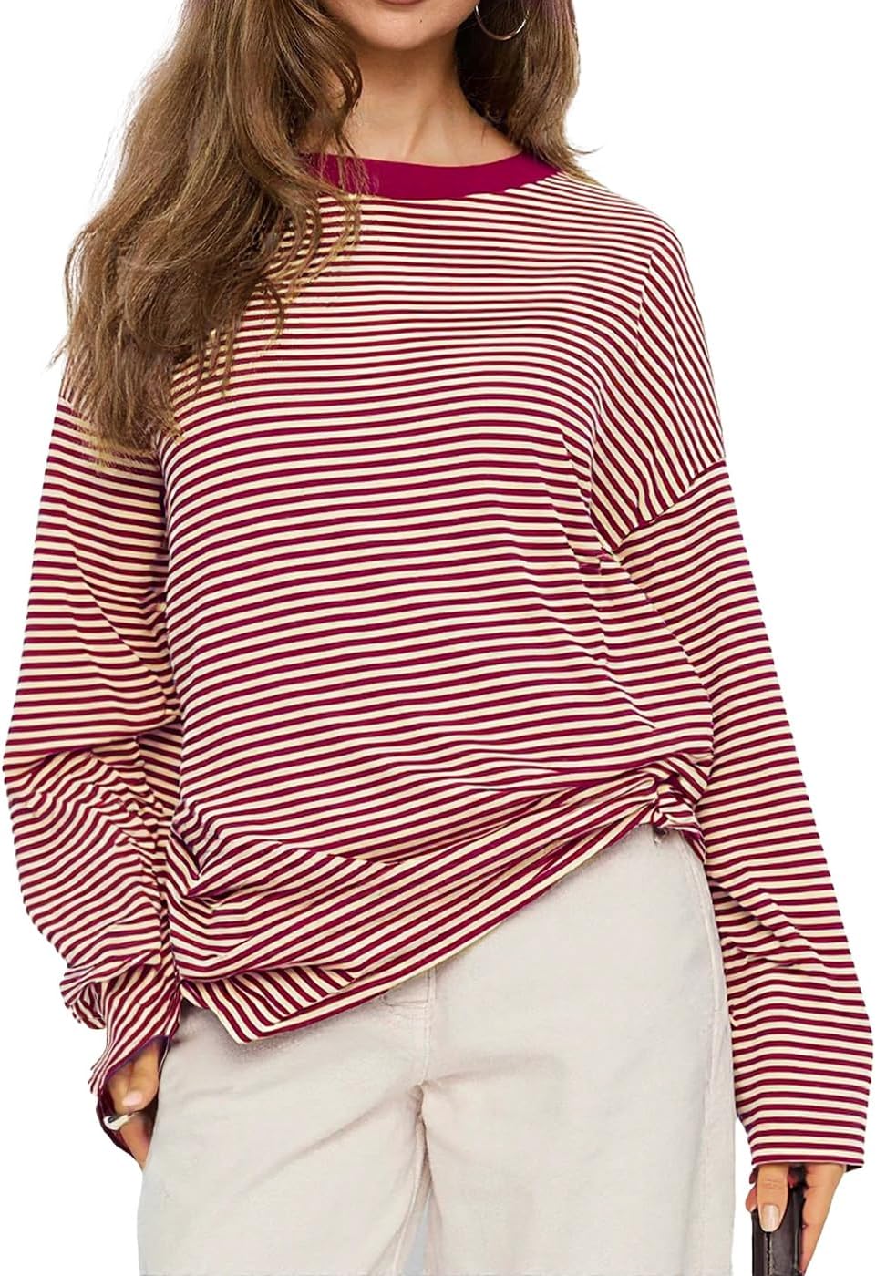 Lacozy Womens Striped Sweatshirt Oversized Crew Neck Color Block Long Sleeve Shirt Loose Fit Tops Fall Fashion