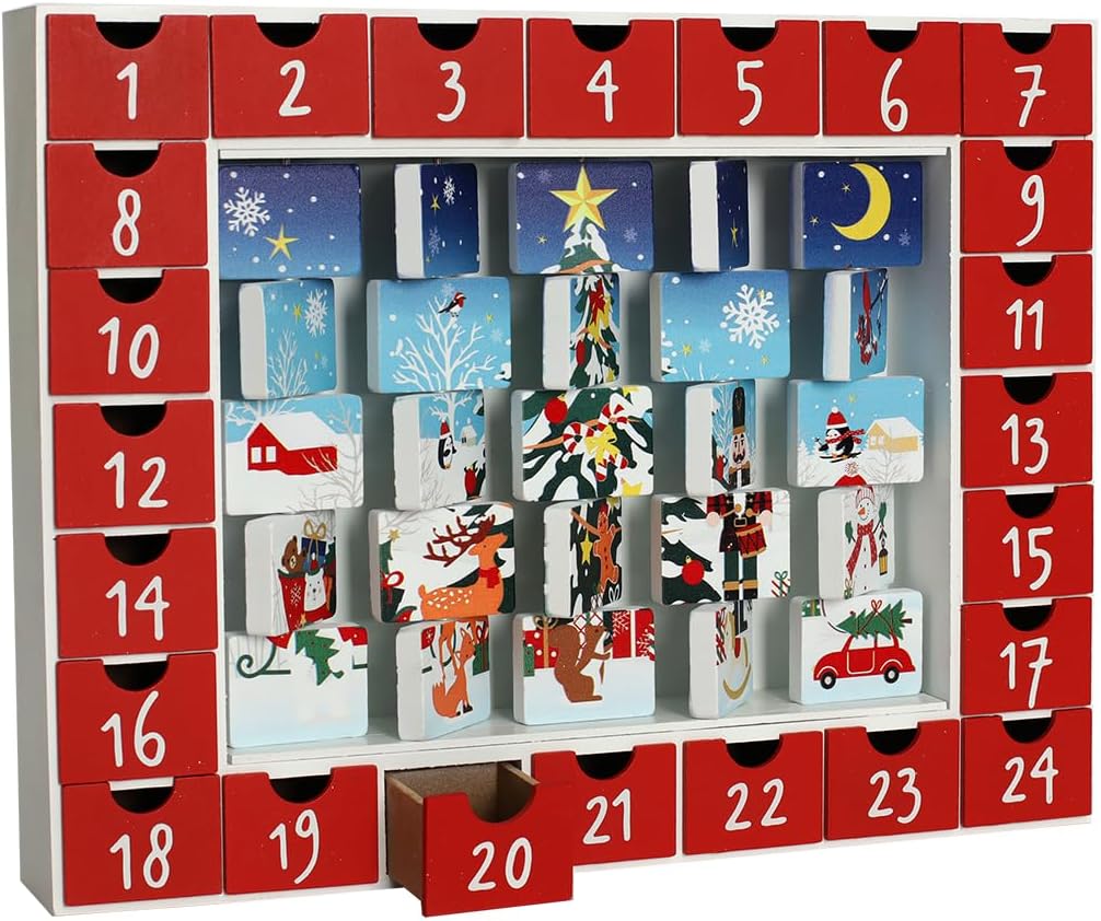 PIONEEREFFORT Christmas Wooden Advent Calendar With 24