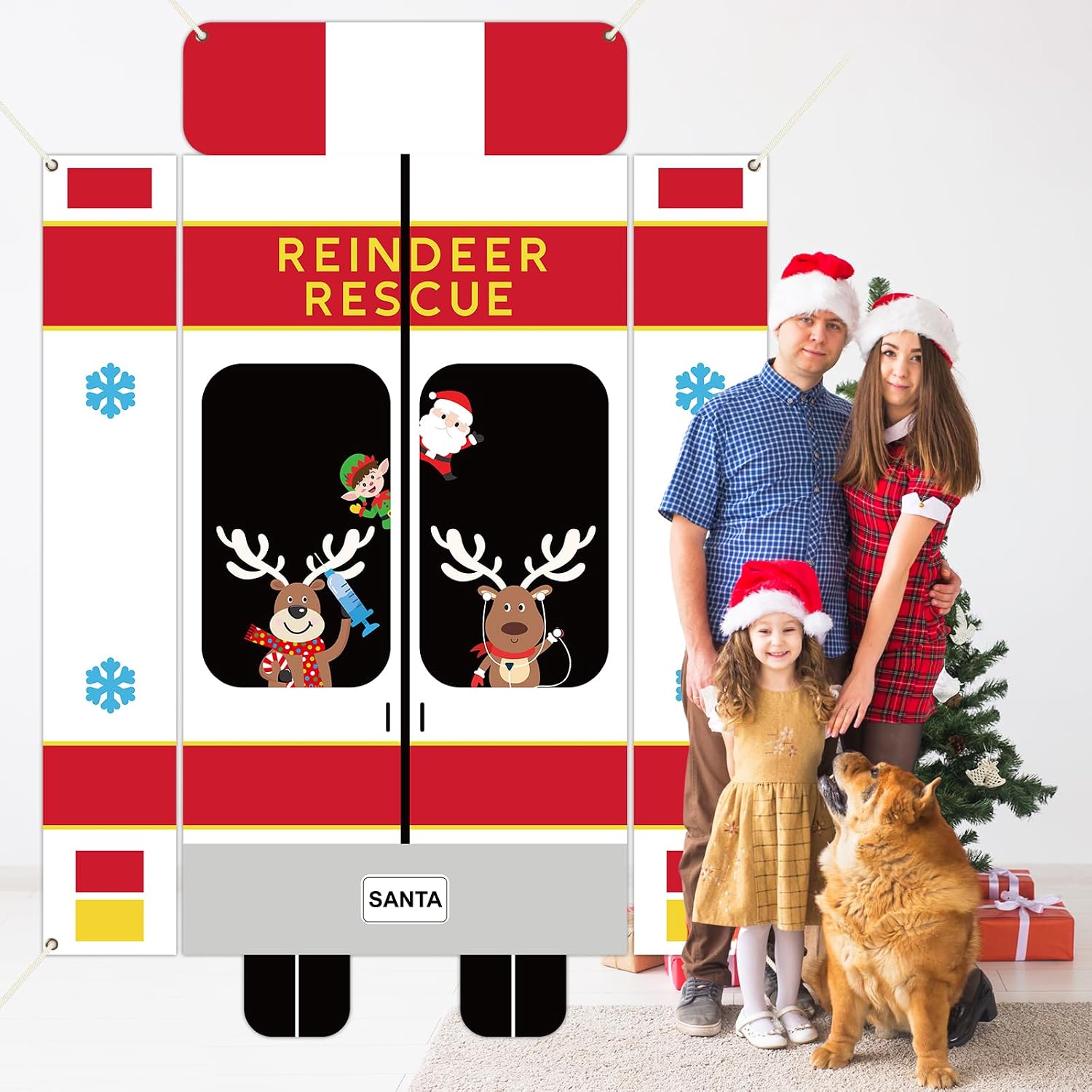 4Pcs Christmas Door Decorations Rescue Vehicle Door Cover Christmas Deer Porch Banners Xmas Santa Hanging Porch Signs Backdrop for Winter Holiday Party Classroom Home Decor