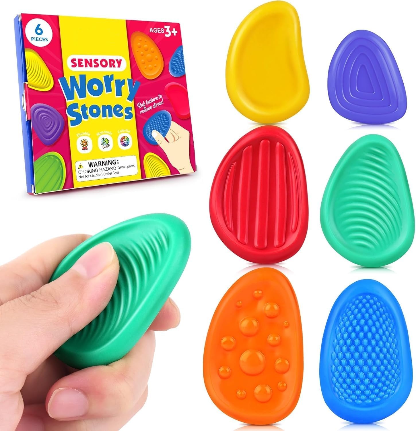 Fidget Toys Sensory Stone for Kids: 6 Pack Textured Soft Worry Stone for Autism Kids – Fidget Stress Calming Toys for Students Anxiety Relief – Small Prizes Fidget Toys for ADHD Calssroom Prize