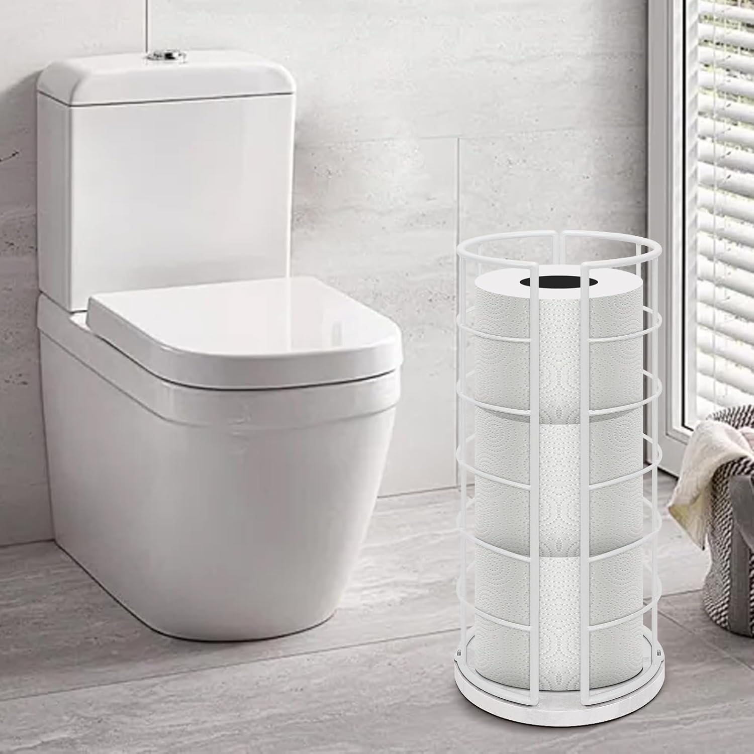 NearMoon Toilet Paper Organizer Stand, Free Standing 3 Rolls Tissue Storage, Metal Bathroom Accessory, Rustproof Toilet Roll Holder for Kitchen Countertop Inside Cabinet Shelf(Marble Base, White)