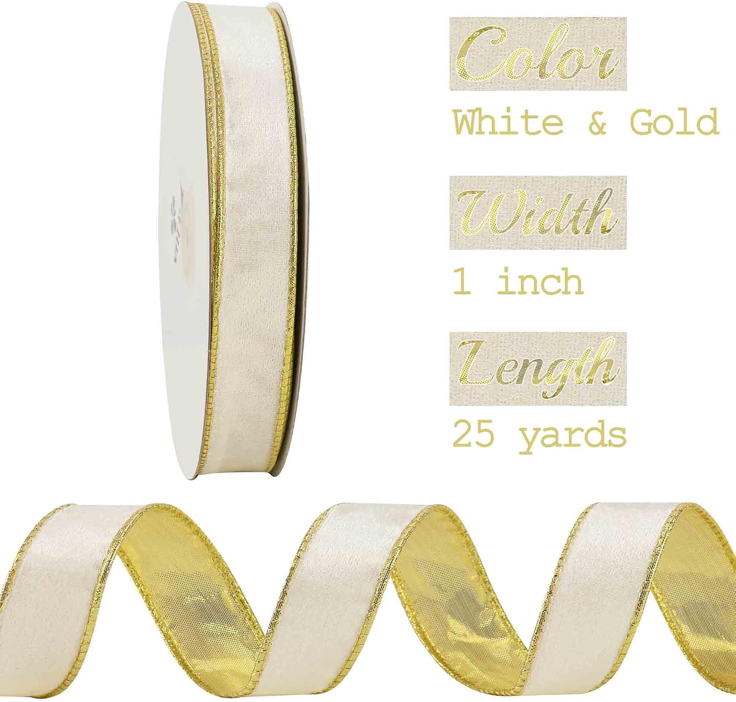 MEEDEE Skinny White Velvet Ribbon with Gold Back 1 inch Double Sided Christmas Wired Ribbon - 25 Yards Spool - Two Tone - for Christmas Tree, Gift Wrapping, Tree Bows, Wreaths, Crafts