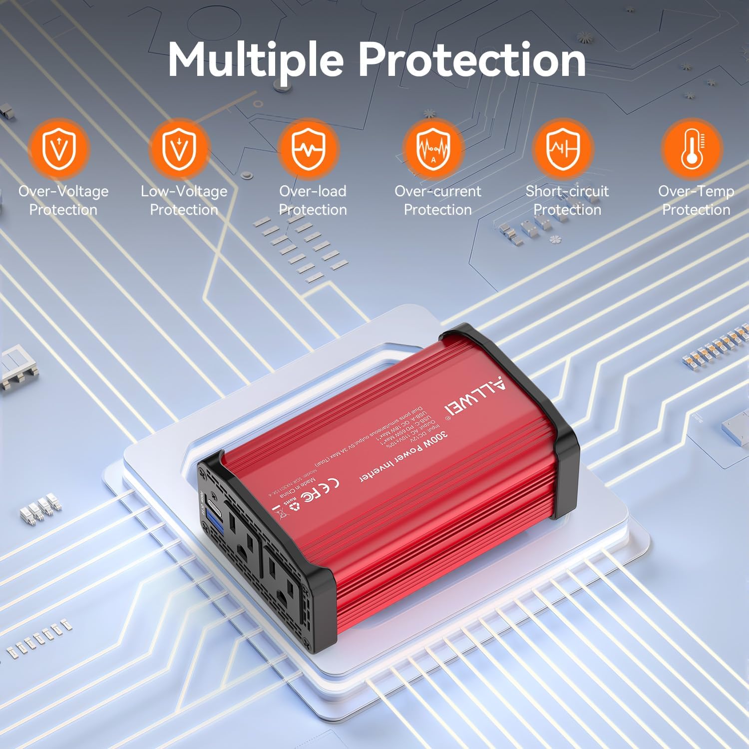 ALLWEI 300W Power Inverter DC 12V to 110V AC, Compact Car Plug Adapter Outlet with 65W PD USB-C &18W USB-A Fast Charging, Cigarette Lighter Adapter Car Charger for Phone, Laptop on Road Trip - Red