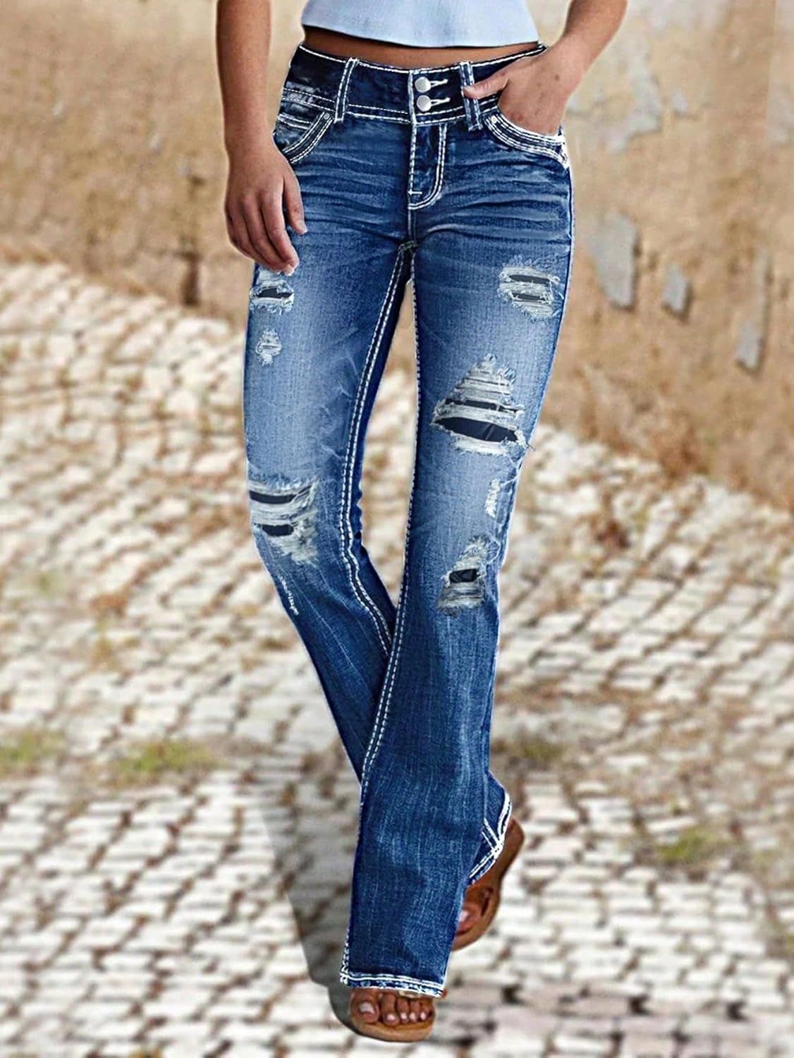 Bell Bottom Jeans for Women Stretch Distressed Ripped Flare Long Denim Pants Double-Button Closure Vintage Wash Boyfriend - Image 2