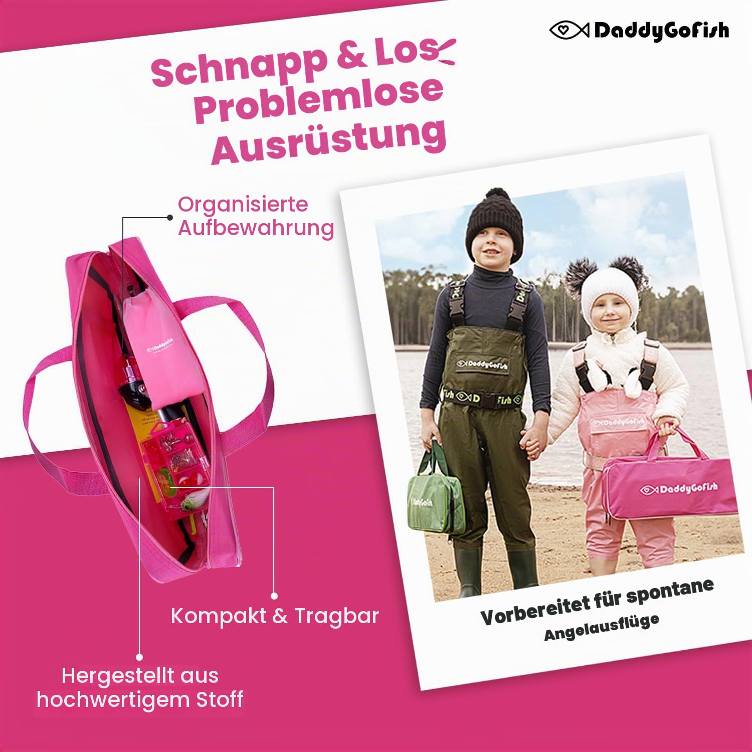 DaddyGoFish Kinder Angelset - Teleskoprute & Rolle Combo mit Klappstuhl, Rutenhalter, Tackle Box, Ködernetz und Tragetasche für Jungen und Mädchen