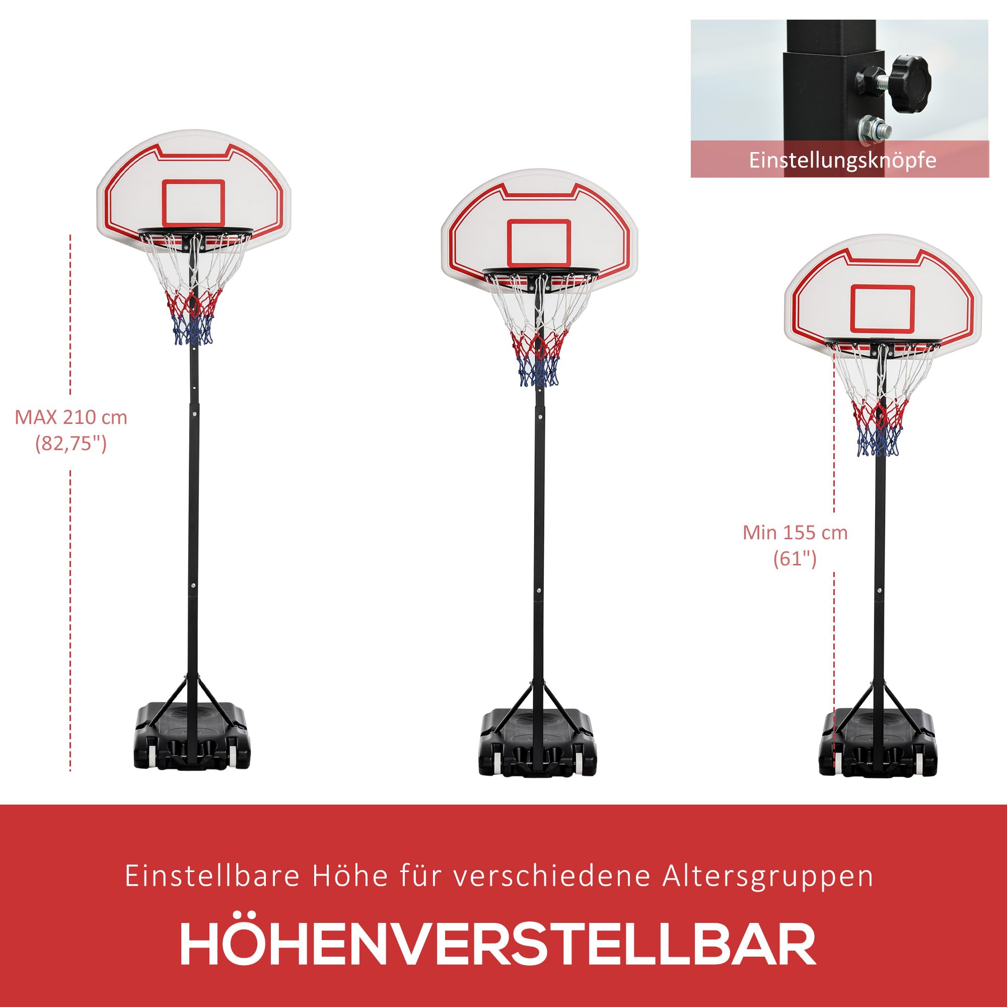 HOMCOM Basketballkorb Outdoor Höhenverstellbar 155-210 cm Transportable Basketballständer mit Rollen PE+Stahl