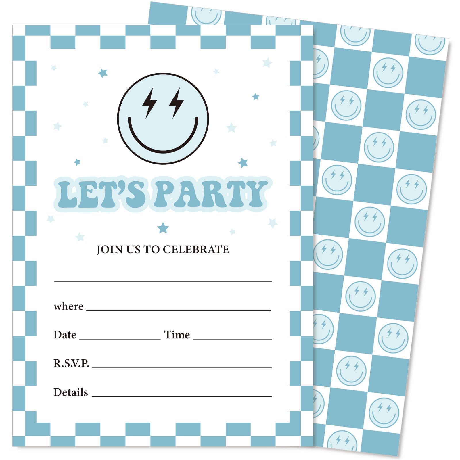 JarThenaAMCS 25 Set Smile Face Party Invitations with Envelopes Retro Light Blue Checkered Happy Face Paper Invites for Birthday Celebration Party Decor, 5 x 7 Inch
