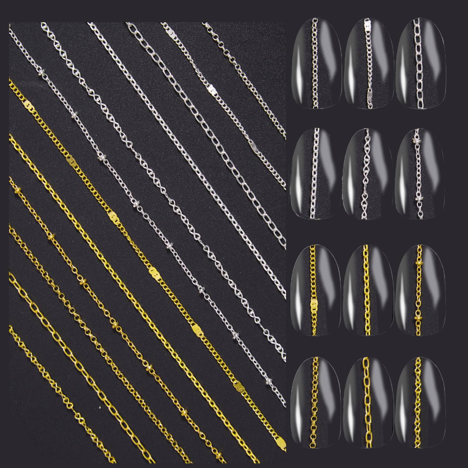 24 strisce di ciondoli in metallo per unghie, catene per nail art in metallo 3D oro argento ciondoli per unghie con scatola in acciaio per gioielli per unghie per donne decorazioni manicure