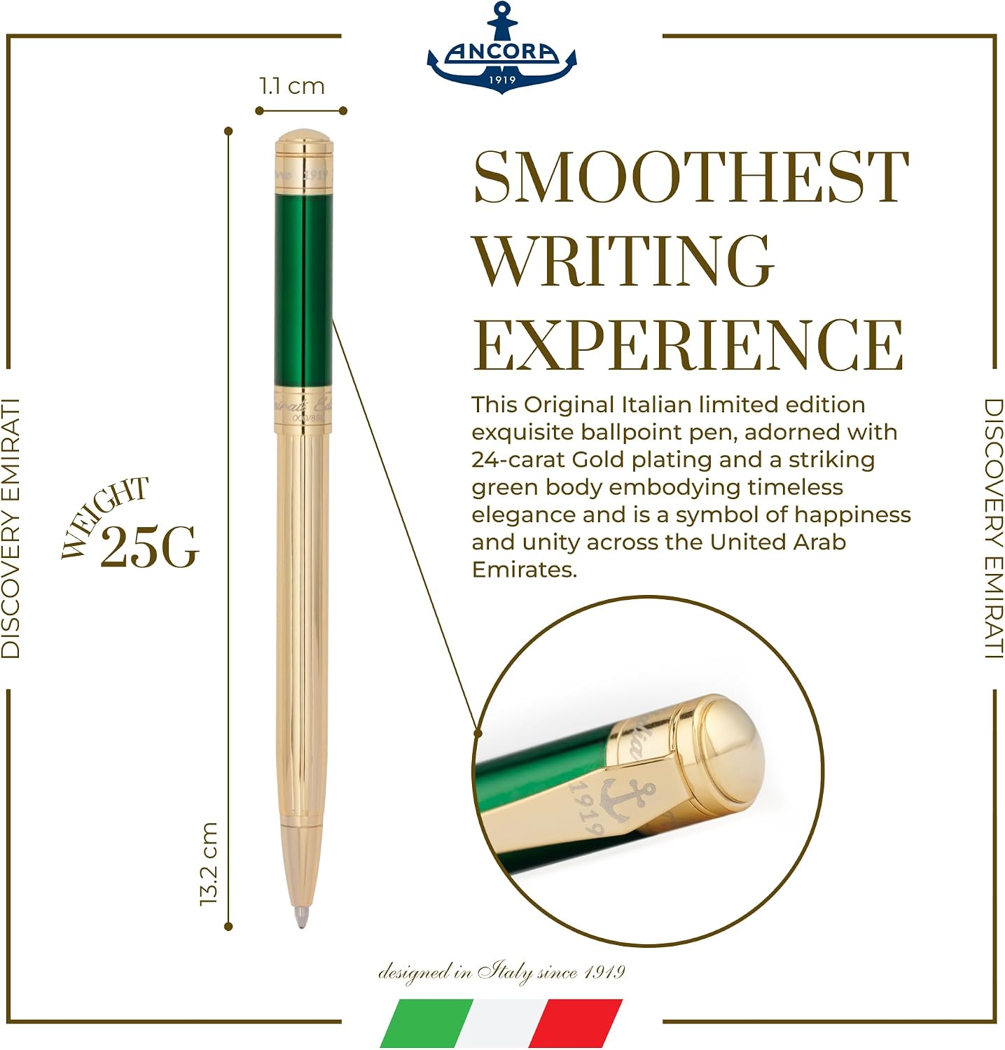 ANCORA 1919 Discovery Emirati I Luxury Italian Ballpoint Pen I Luxurious Handcrafted Design I Smooth Writing Experience I Gold-Platednk Cartridge I Craftsmanship