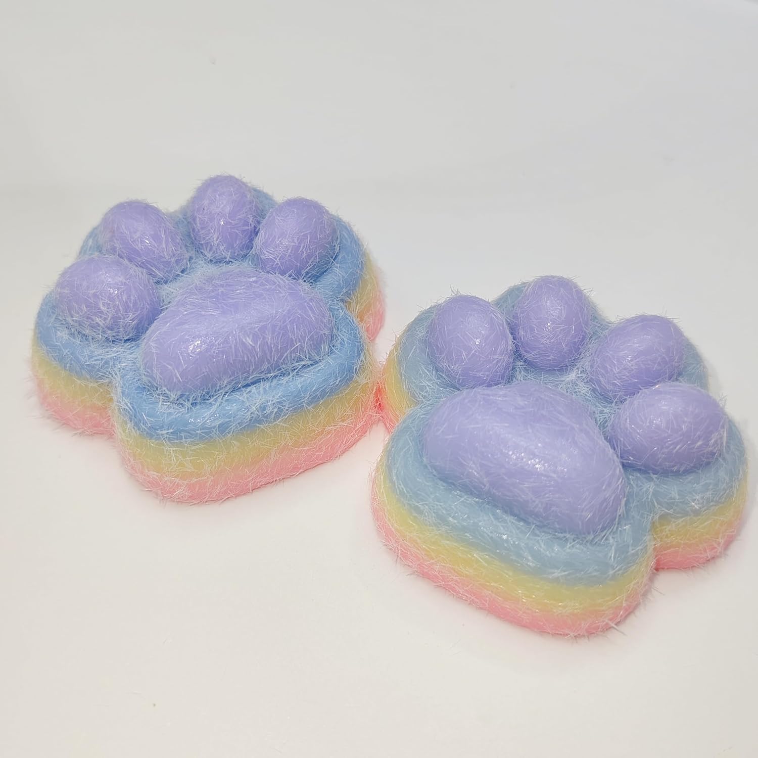 2 Pcs Squeeze Toys Handmade Cat Paw Squishy, Lifelike Rainbow Squeeze Paw, Cute Soft Squishy for Stress Relief & Goodie Bag Stuffers, Fidget Toys Squeeze Toys Suitable for Adults (Flocking)