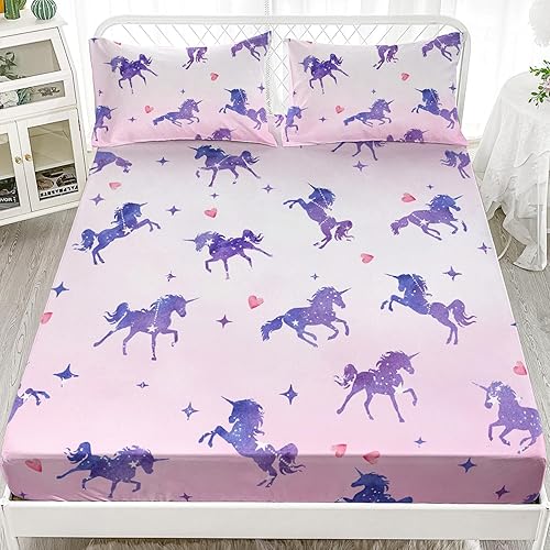 Miniatura 4 de HOSIMA Juego de sábana bajera de unicornio Kawaii para cama tamaño Queen, diseño de estrellas y corazones de amor, unicornio morado, sábana bajera