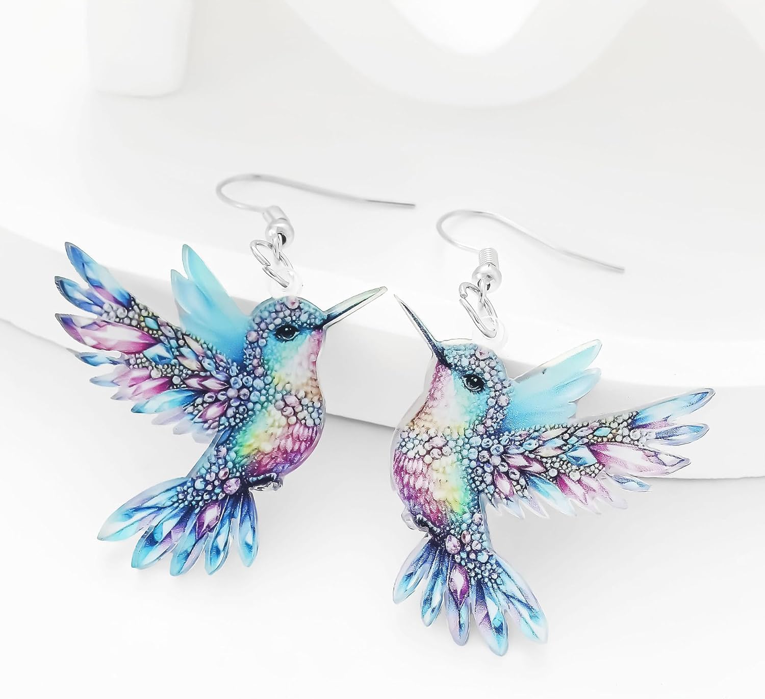 Hummingbird Earrings, 925 Sterling Silver Bird Earrings for Women Hypoallergenic 2D Acrylic Dangling Novelty Fun Blue Colorful Cute Humming Bird Drop Dangle Jewelry - Image 4