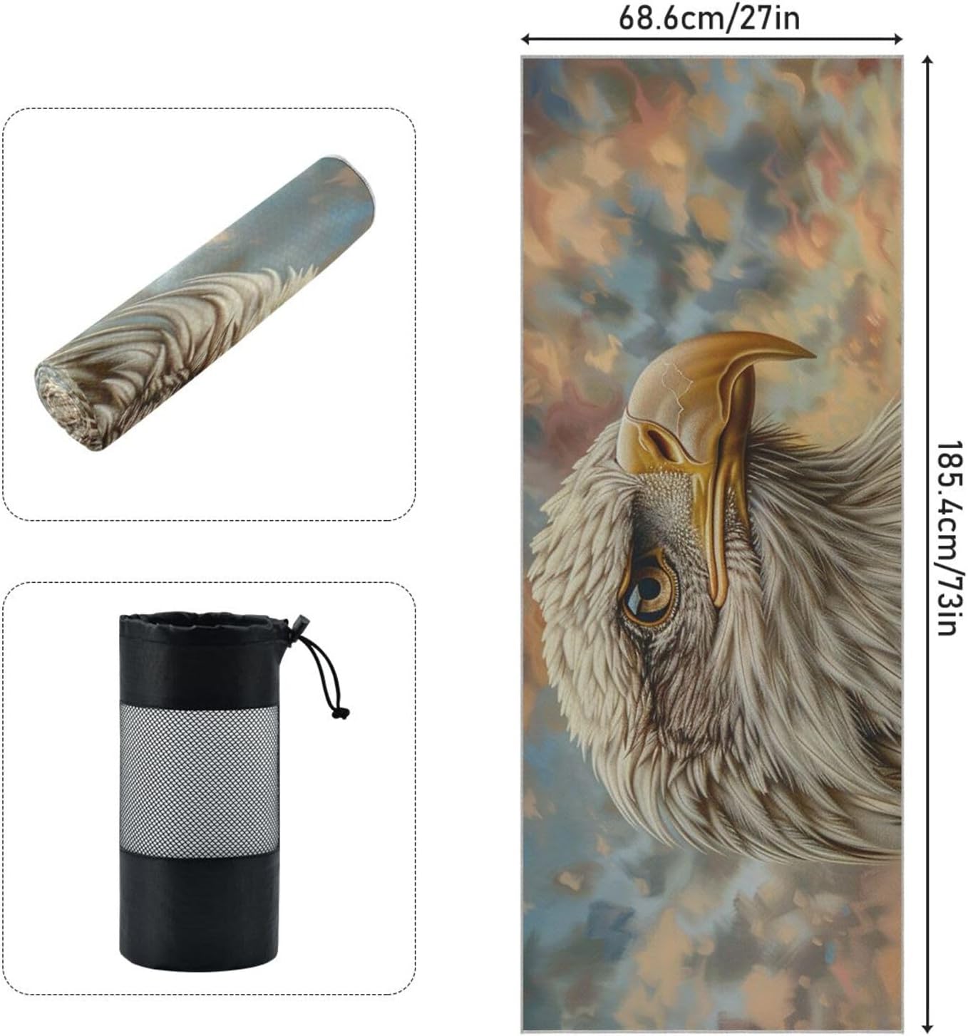 Yoga Mat Towel with Silicone Grip Dot Bald Bird Portrait – 73"x27" Non-Slip Sweat Absorbent Microfiber Yoga Towel for Home Gym Studio