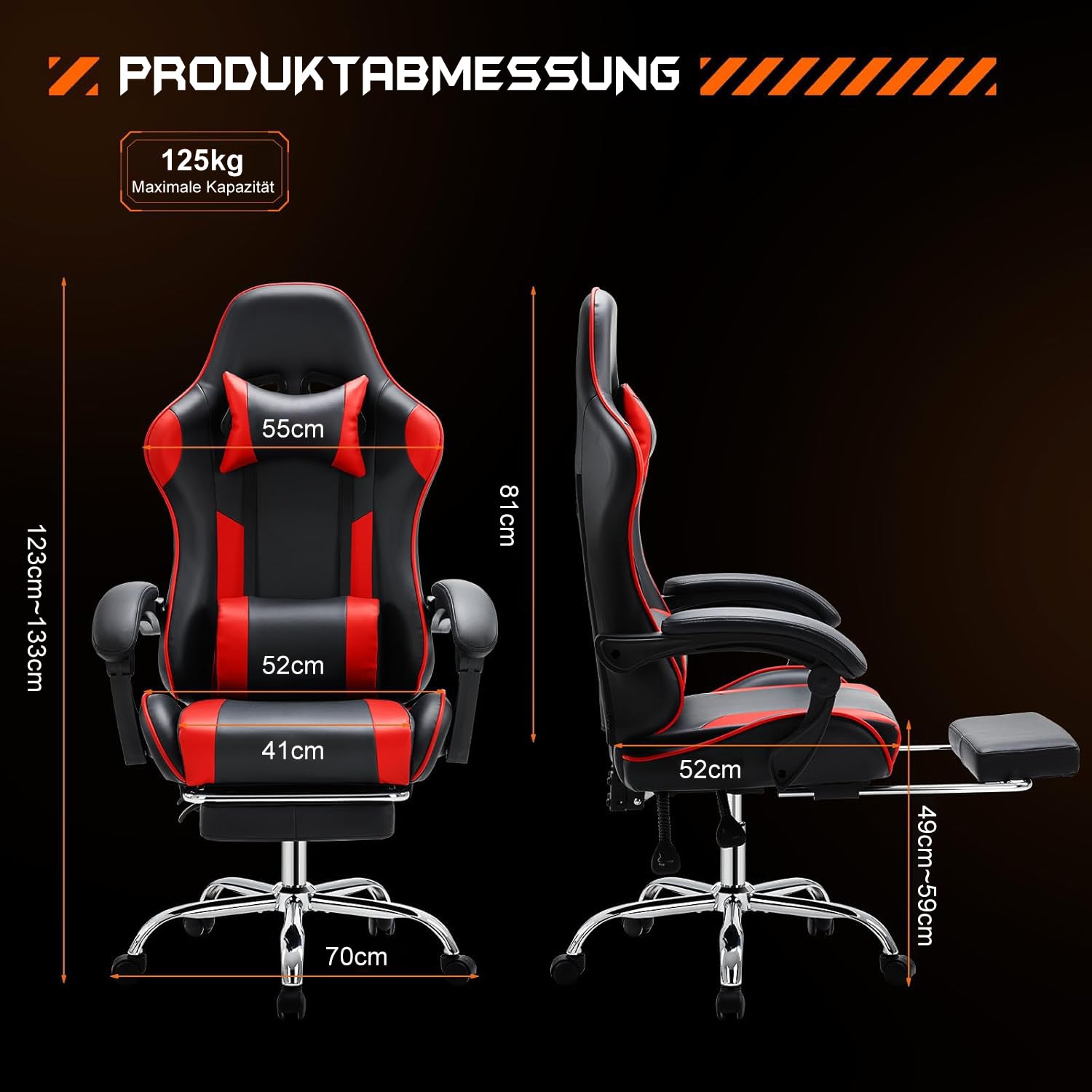 DUMOS Sedia da gaming, ergonomica, con poggiapiedi, in policarbonato, traspirante, con cuscino lombare regolabile, cuscino e braccioli, portata 150 kg