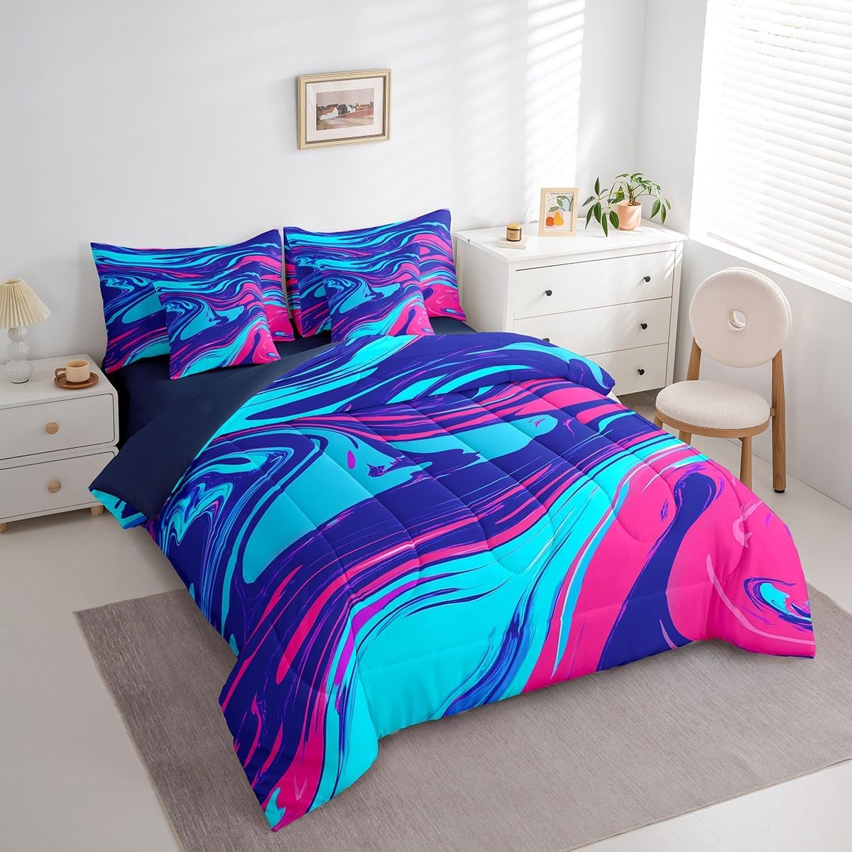 Erosebridal Ombre Ripple Queen Size Comforter Set, Abstract Modern Art Luxury Soft Kids Teens Bedding, Chic Paintings Graffiti Bedding Comforter Sets Bed in a Bag, Purple Pink Gradient Bed Sheets Set