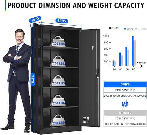 Miniatura 3 de Armario de almacenamiento de metal con cerradura, gabinete Lokcing de 71 pulgadas con 2 ganchos, gabinete de 2 puertas con 4 estantes ajustables,