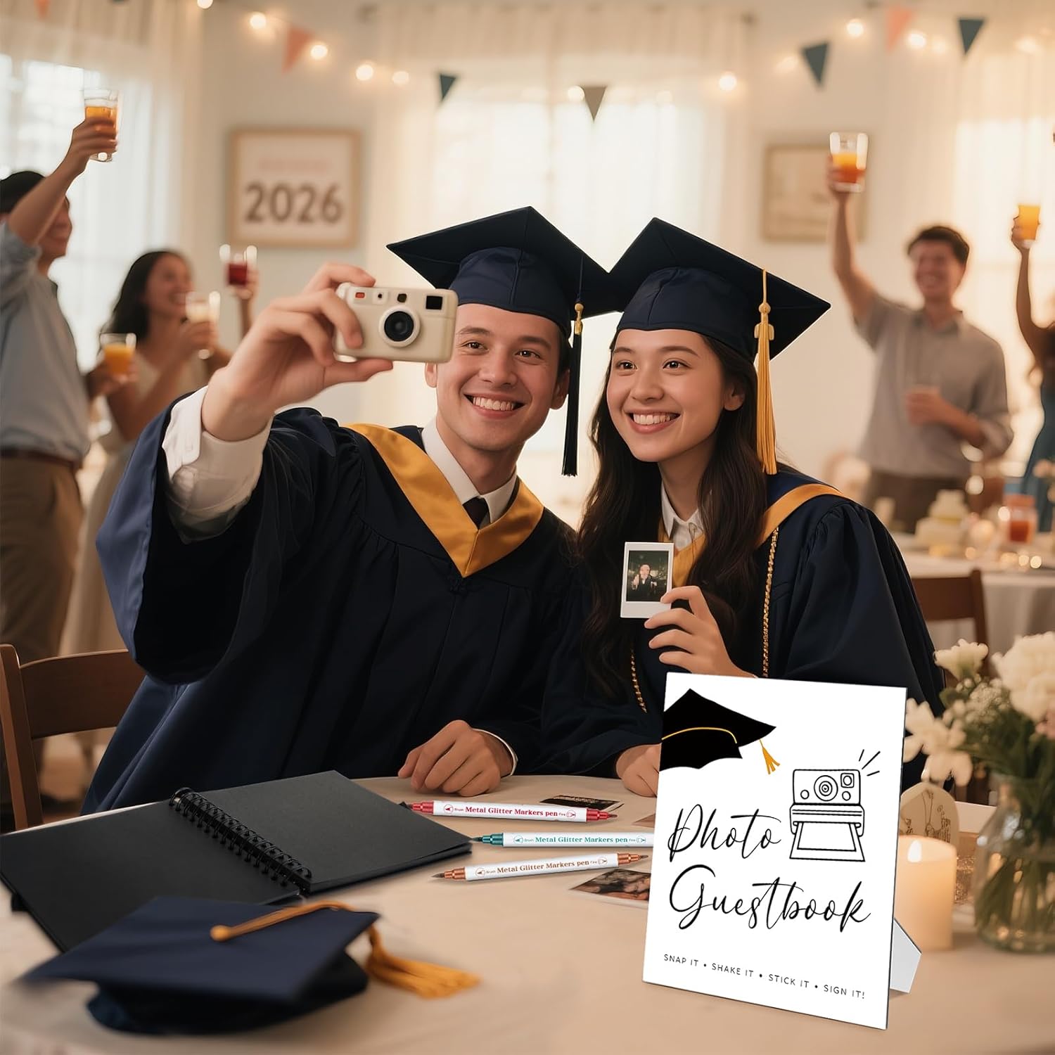 12 Pcs 2026 Graduation Guest Book with Photo Guest Book Sign, 80 Pages Scrapbook Photo Album with 10 DIY Dual Tip Metallic Markers Pens for Party, Exclude Camera(Graduation Cap,Black,8 Inches) thumbnail