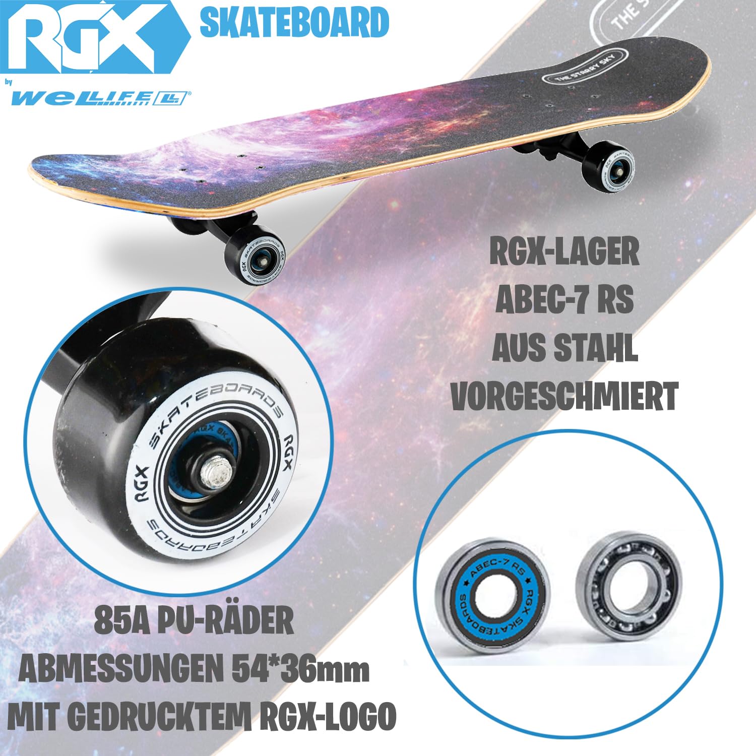 WeLLIFE Skateboard für Anfänger, 80x20cm Holz Skateboard Kinder, Jugendliche Erwachsene,ABEC-9 Kugellager, 9 Schichten Ahorn Double Kick Skate Concave Trick
