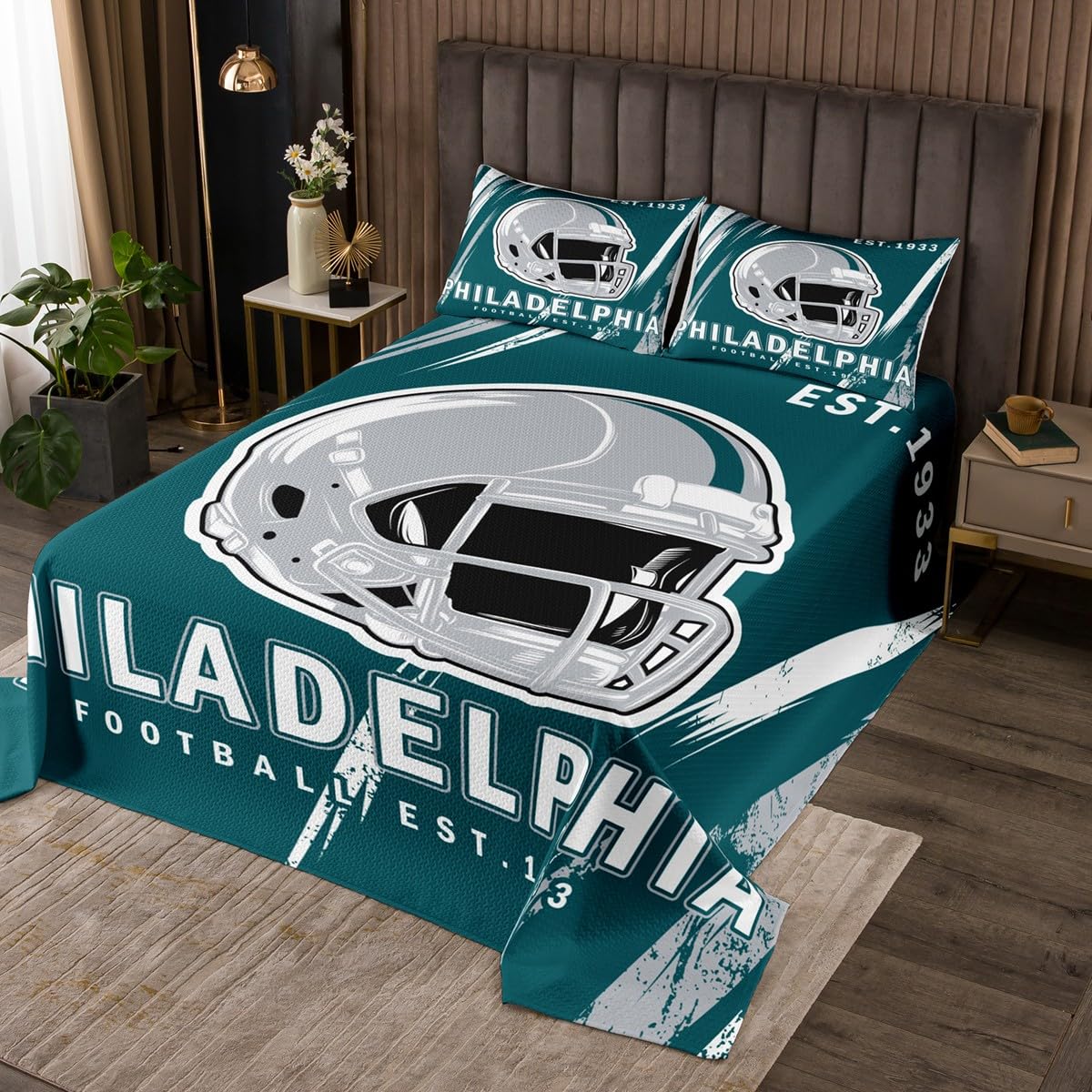 Erosebridal Twin Size Football Coverlet Set Philadelphia Quilt Set Sports City Team Color Bedding Sets for Boys Girls American Football Gifts Quilts for Bedroom
