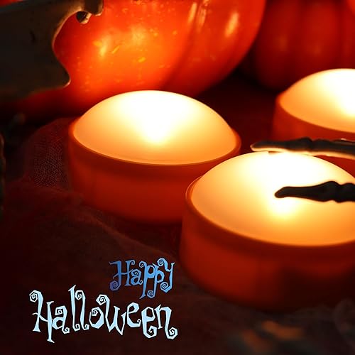 Miniatura 2 de Paquete de 8 faroles de calabaza de Halloween, funciona con pilas, luces LED de calabaza con control remoto y temporizador, velas LED sin llama y