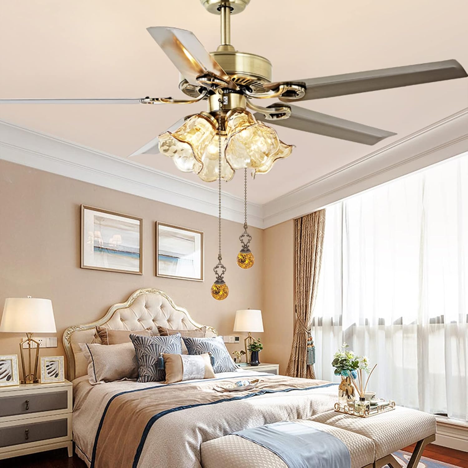 Amber Pull Chain Ceiling Fan Ornaments - 2 Pieces, 30CM Each Chain with Crystal Ice Cracked Ball
