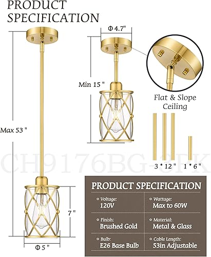 Miniatura 3 de CH9176BG-3PK - Luces colgantes de oro cepillado para isla de cocina, paquete de 3 unidades, iluminación colgante de cristal sobre la isla con