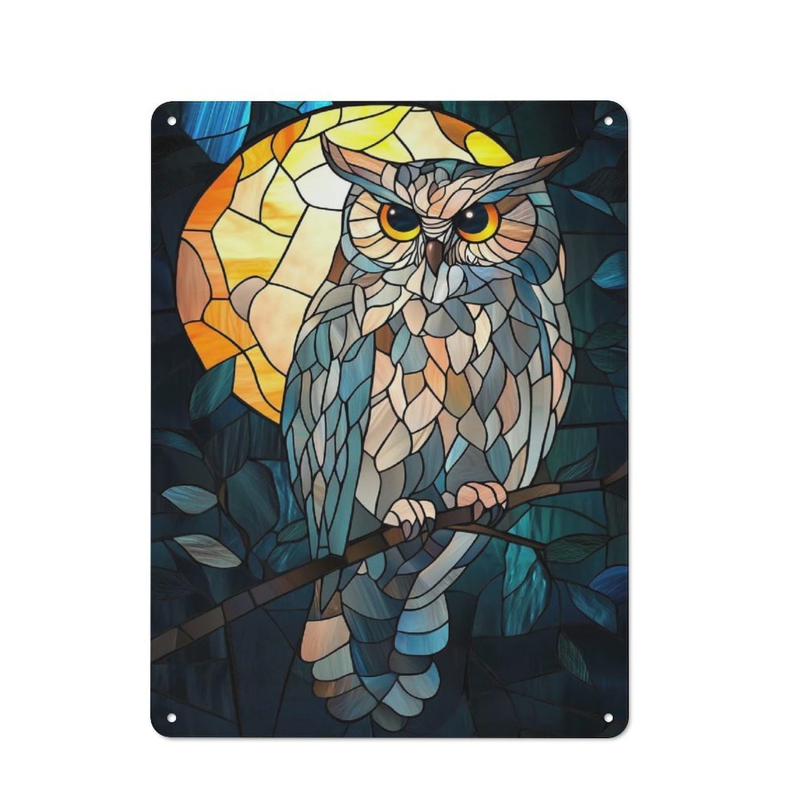 Stained Glass Owl Metal Wall Plaque 40x30cm, Character Room Wall Plaque for Hallway, Home Bar, Garage Or Study