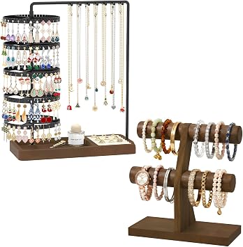 MODOWEY Rotating Adjustable Earring Holder Organizer Bracelet Display Stand, 285 Plastic Slots for Stud Hoop Earring Storage, 2 Tier Wooden T Bar Bangle Rack for for Women Men